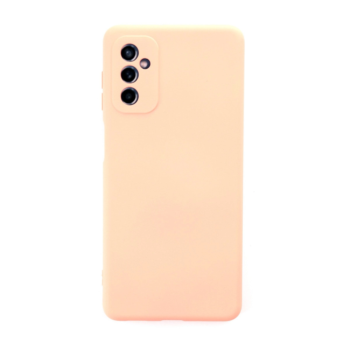 Üç kamera lensi ve flaşlı şeftali rengi telefon kılıfı.