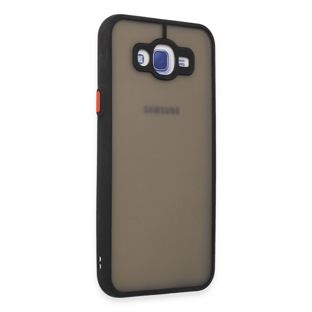 Siyah telefon kılıfı, dumanlı kahverengi arka yüz ve kamera açıklığı.