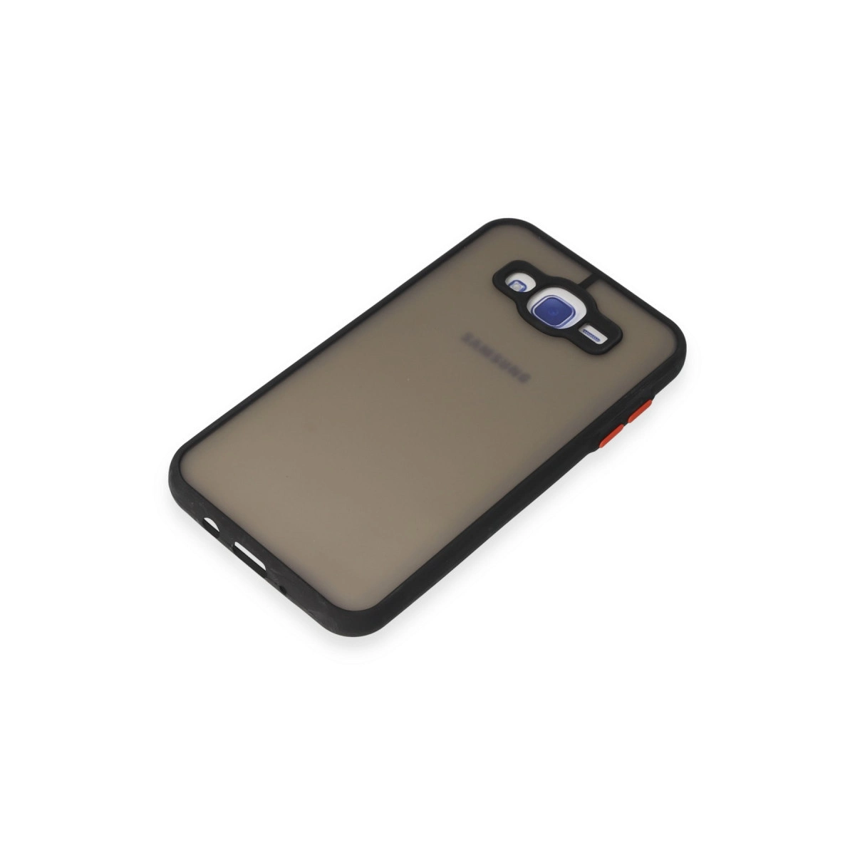 Koyu gri Samsung telefon kılıfı, siyah çerçeveli ve kamera kesimli.