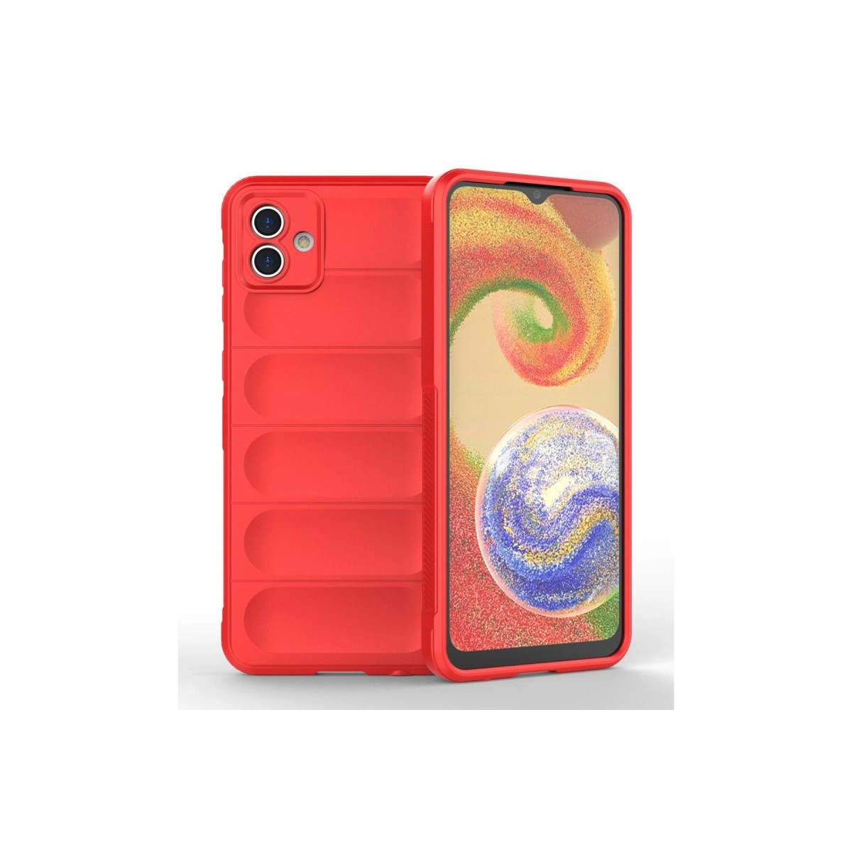 Yatay çıkıntılı ve iki kamera lensli kırmızı telefon kılıfı.