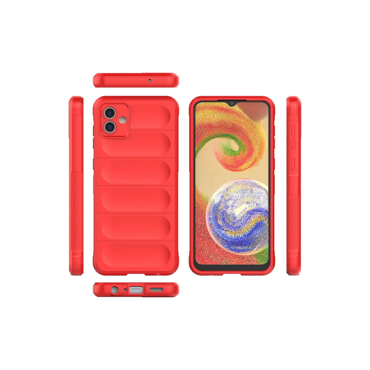 Kırmızı telefon kılıfı seti ön, arka, üst, alt ve yan görünümlerini gösteriyor.