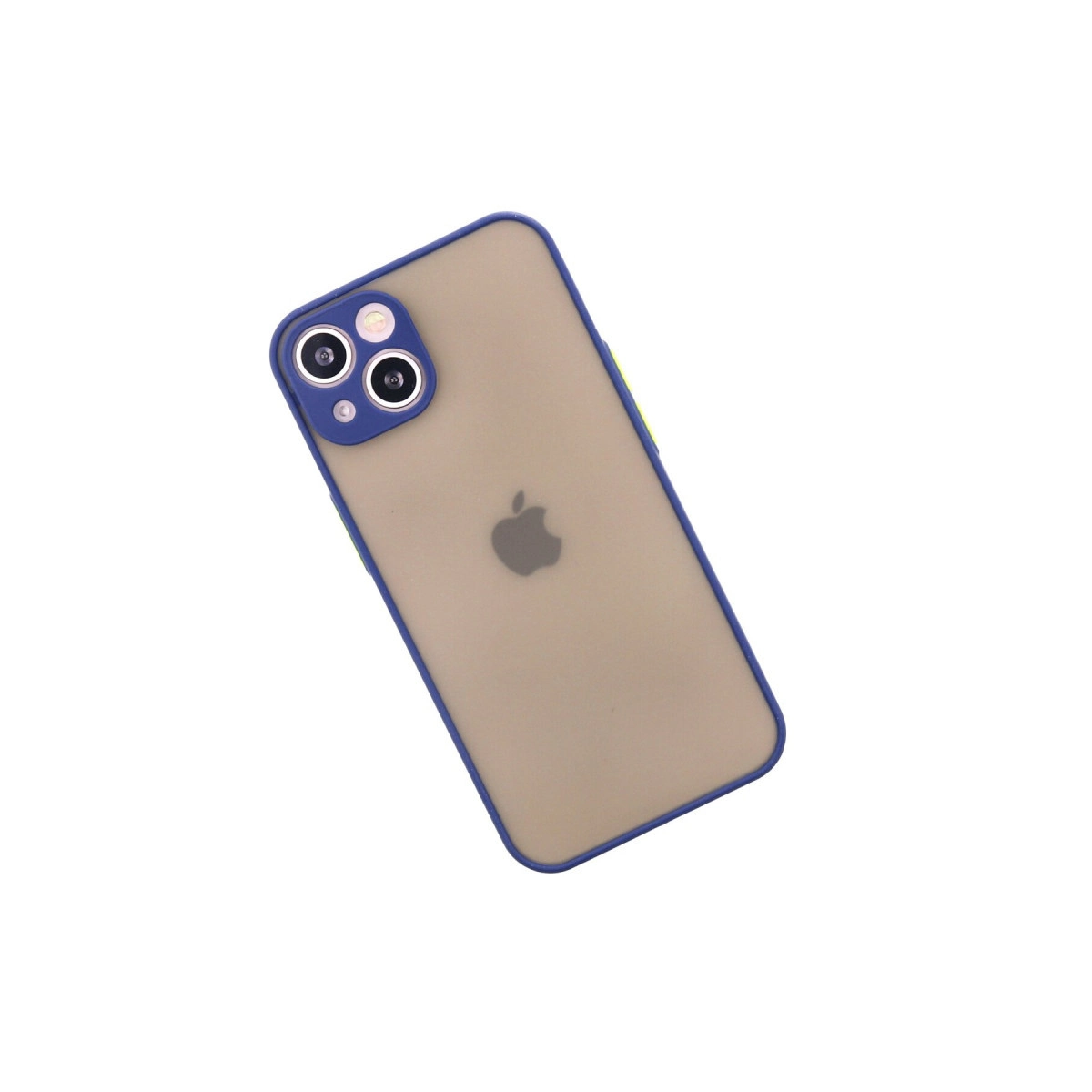 Şeffaf kılıflı, mavi kenarlı ve üç kameralı bir iPhone.