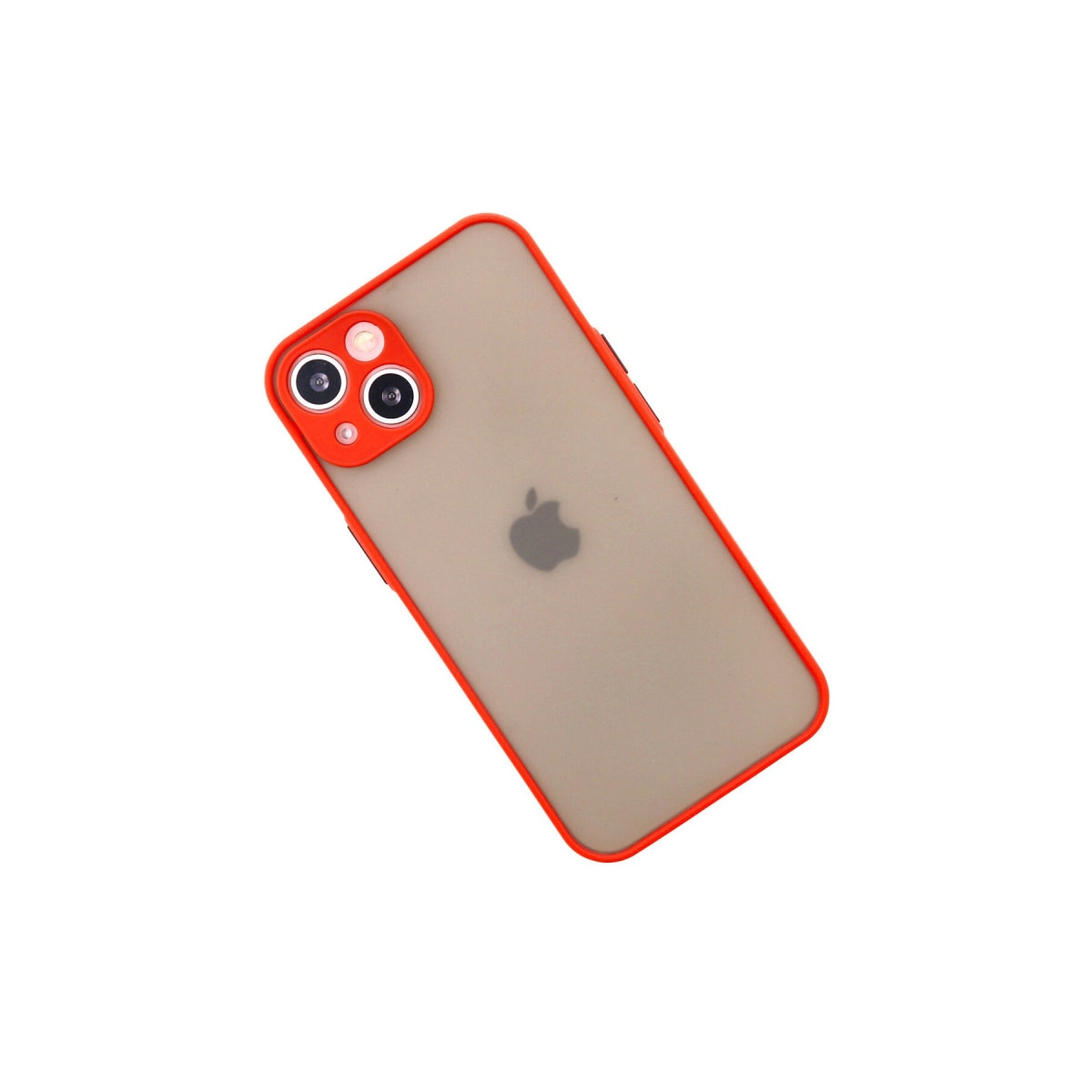 Turuncu kenarlı ve kamera modüllü şeffaf telefon kılıfı.