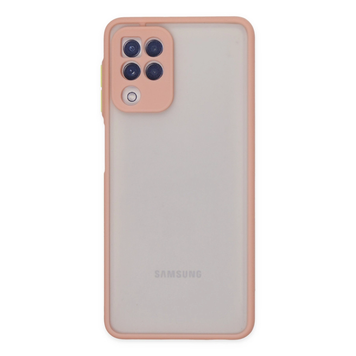 Mercan renkli çerçeveli ve kamera birimli şeffaf telefon kılıfı. Samsung logosu görünüyor.