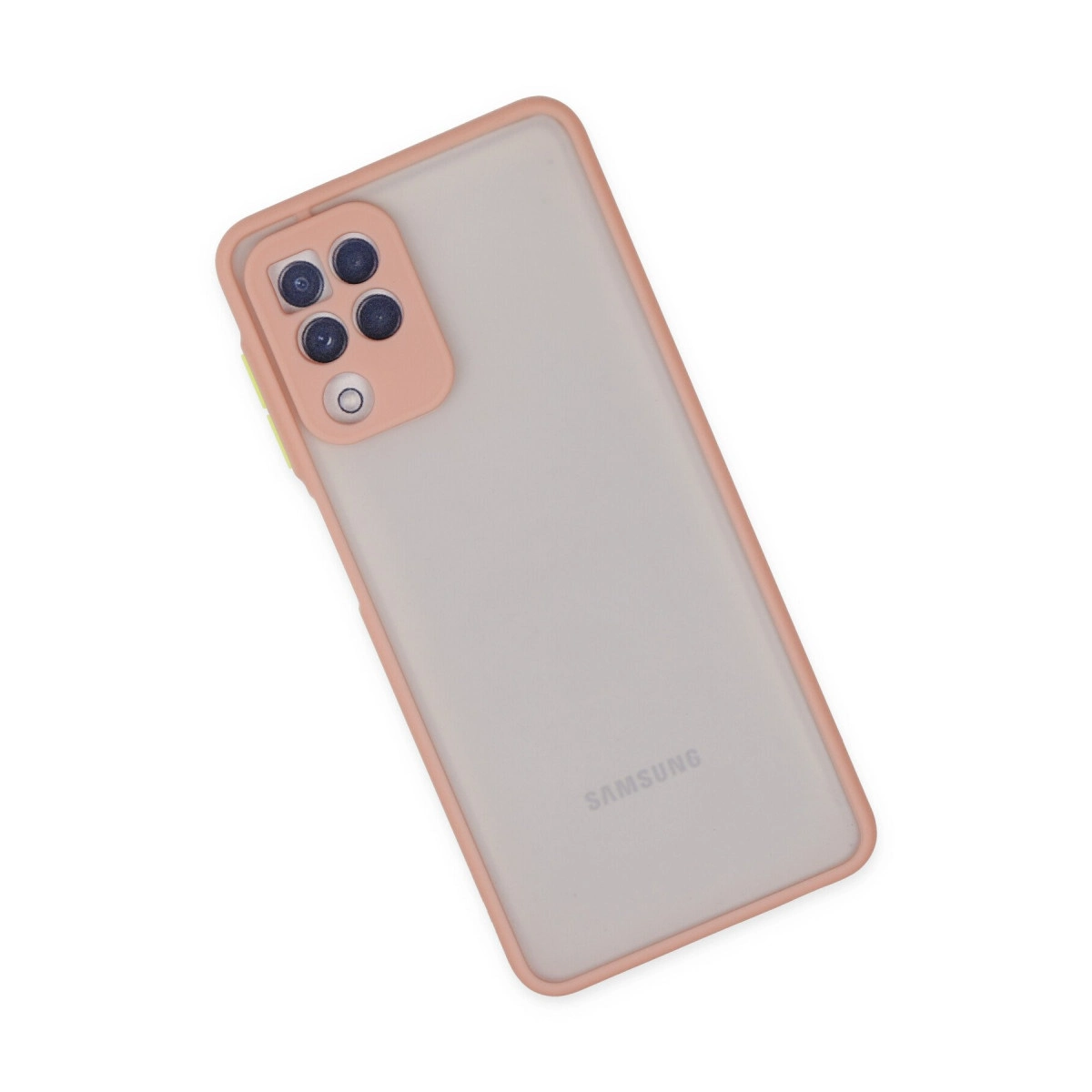 Soluk gri kılıf ve pembe çerçeveli bir akıllı telefonun arkası. Samsung logosu görünür.