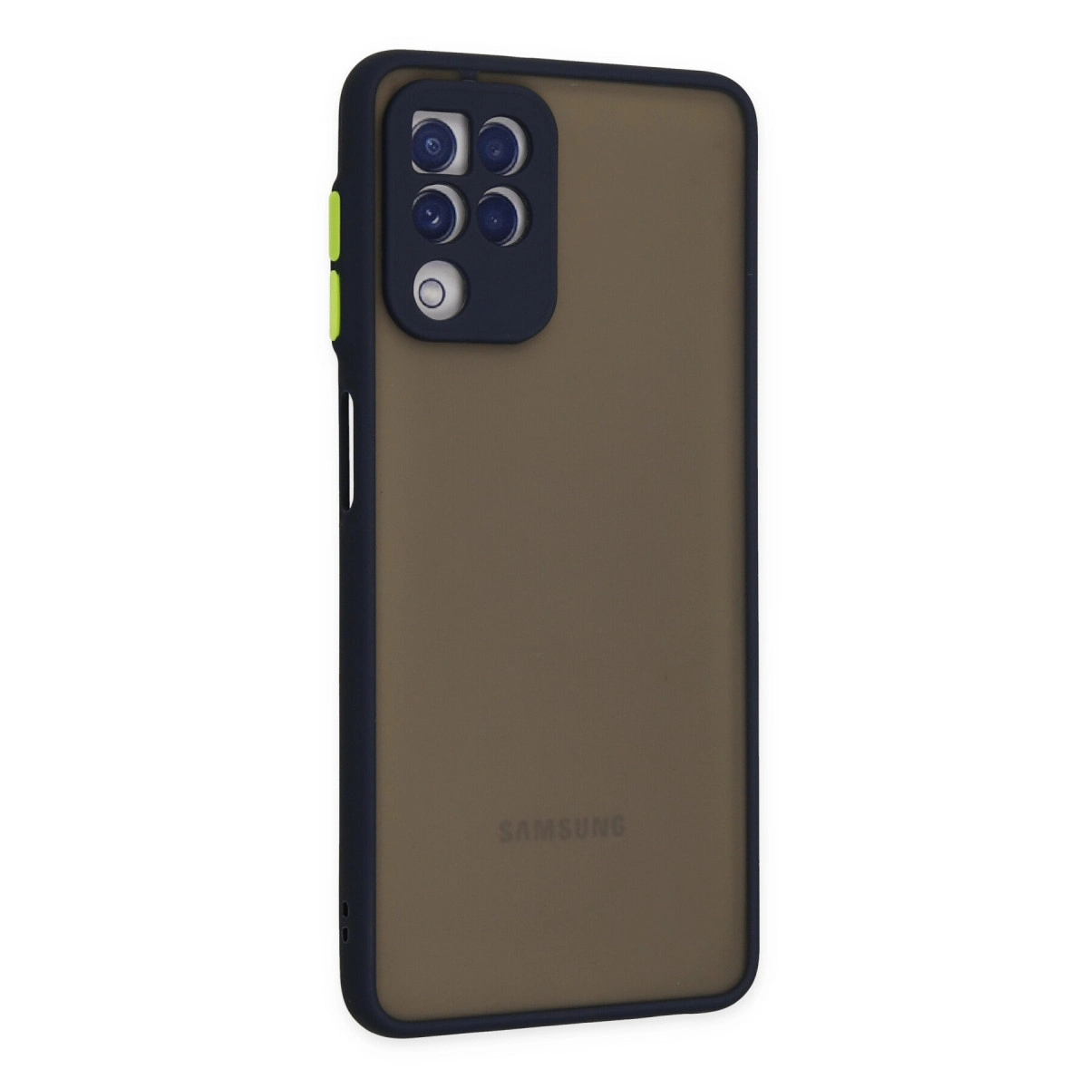 Dört kamera lensli ve Samsung logolu koyu gri telefon kılıfı.
