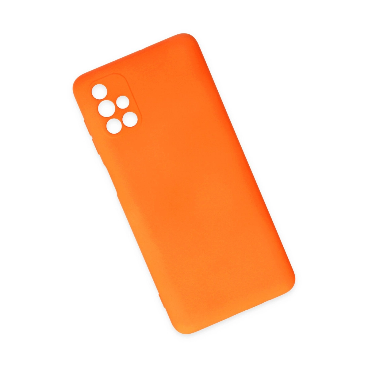 Beyaz arka plan üzerinde kamera kesikleri olan turuncu telefon kılıfı.