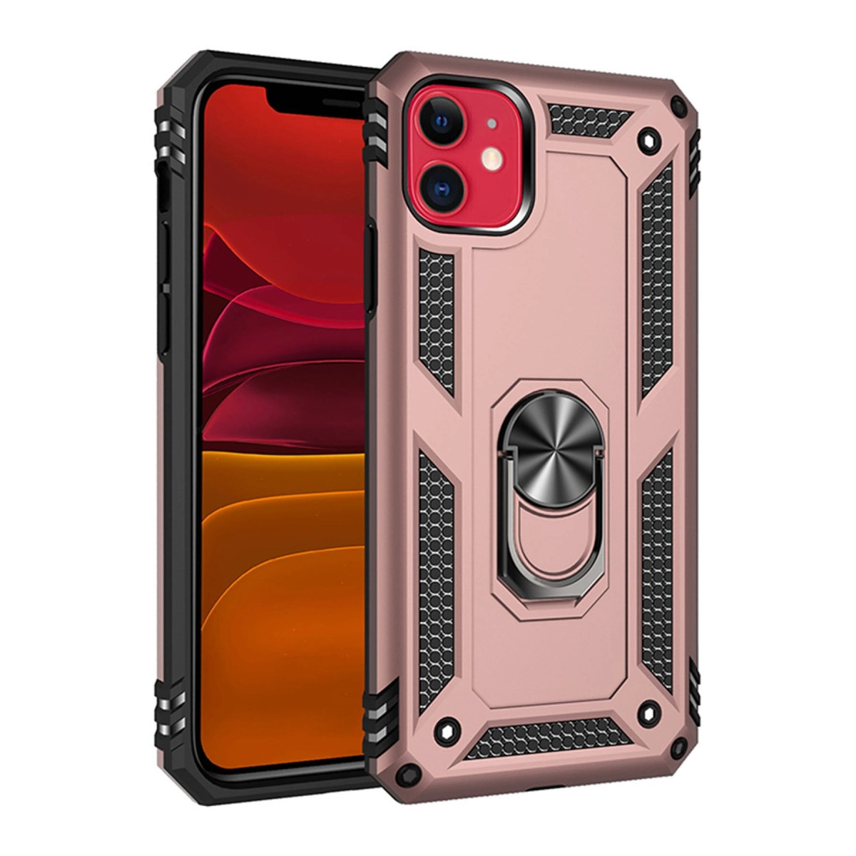Halka tutuculu, koruyucu kılıflı, rose altın rengi telefon.