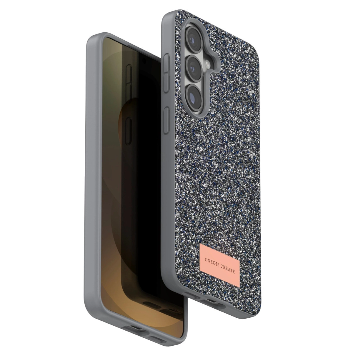 Arkada kameralı, yan tarafı görünen gri parlak telefon kılıfı.
