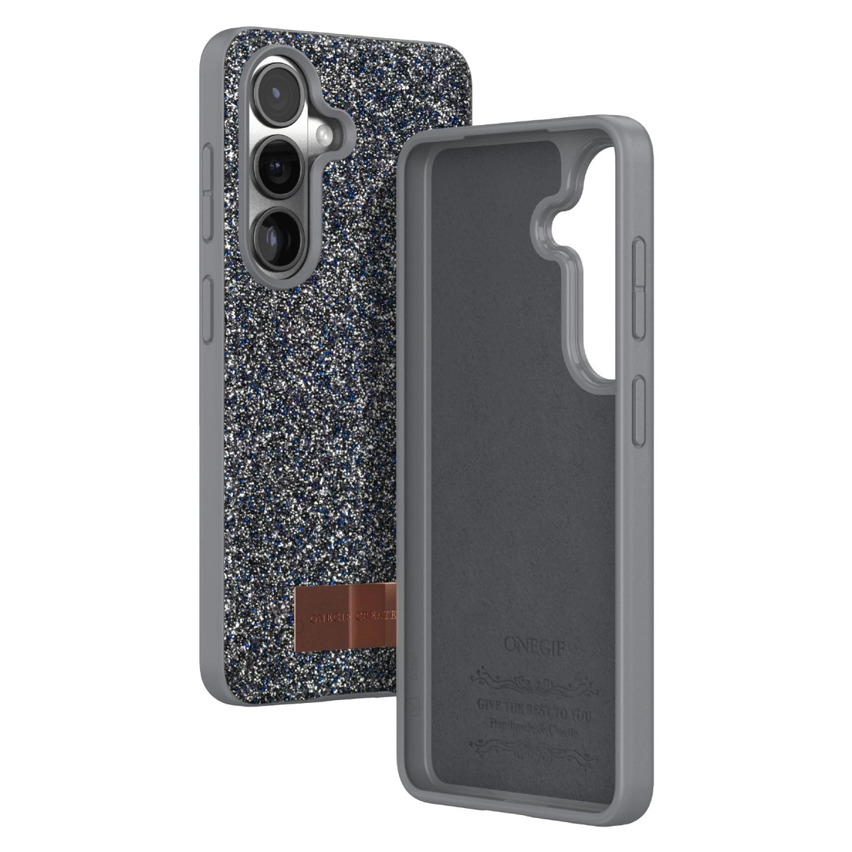 Gri iç kılıfın yanında kamera kesimli parlak telefon kılıfı.