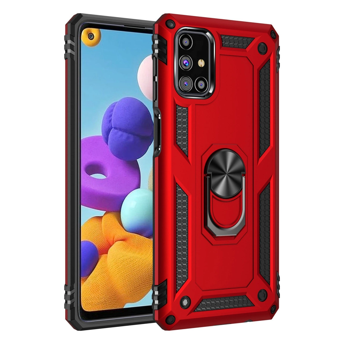 Kırmızı telefon kılıfı, halka tutuculu ve siyah ızgara desenli, beyaz arka plan.