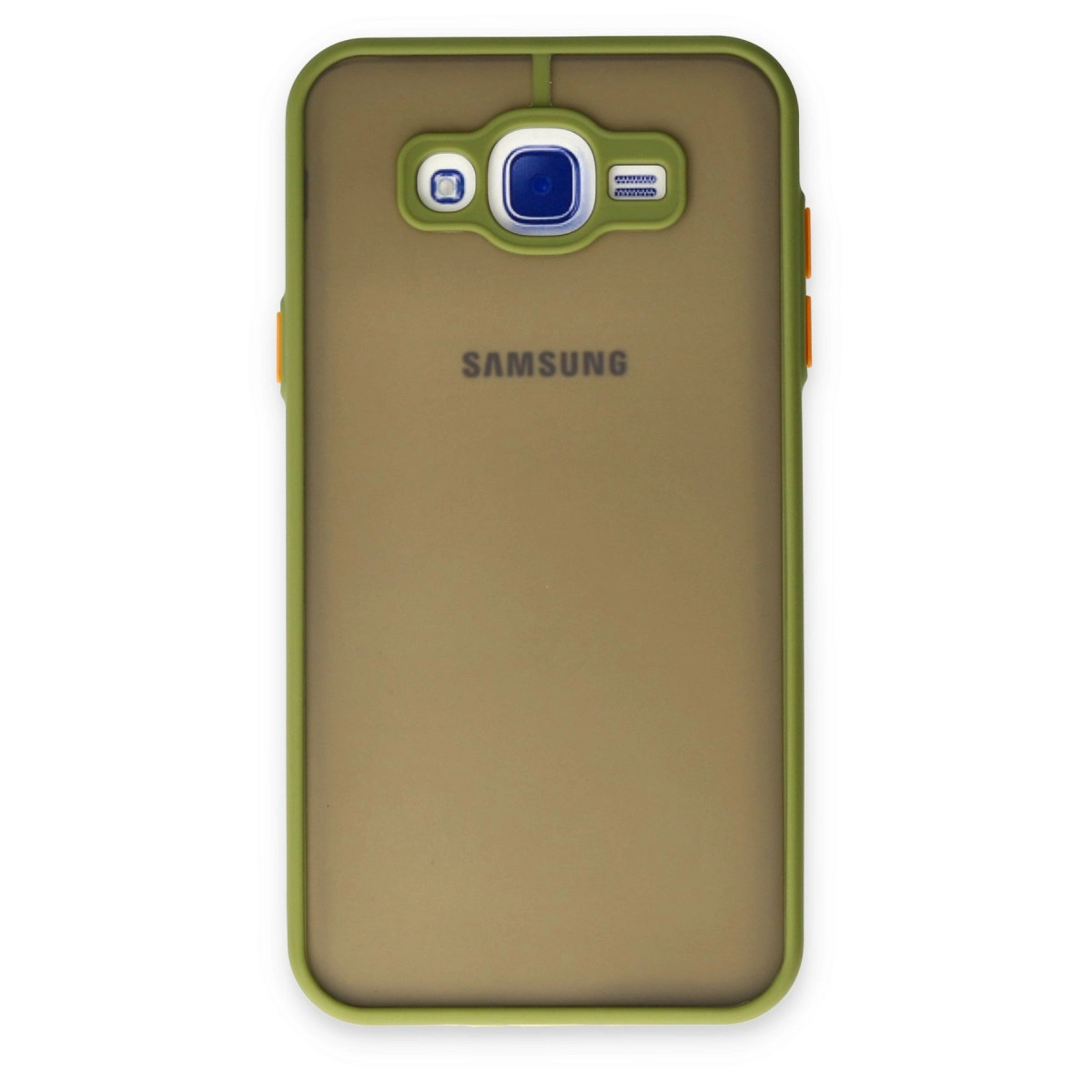 Kamera kesimli ve gümüş çerçeveli zeytin yeşili Samsung telefon kılıfı.