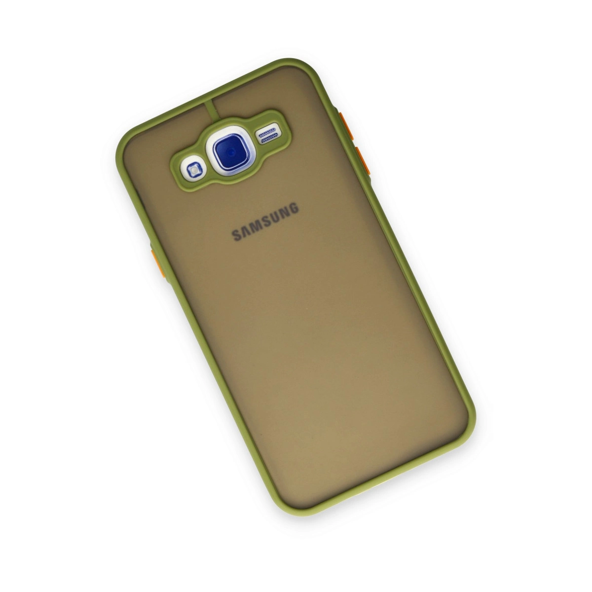 Zeytin yeşili Samsung telefon kılıfı, turuncu vurgular ve kamera. Üstten görünüm.