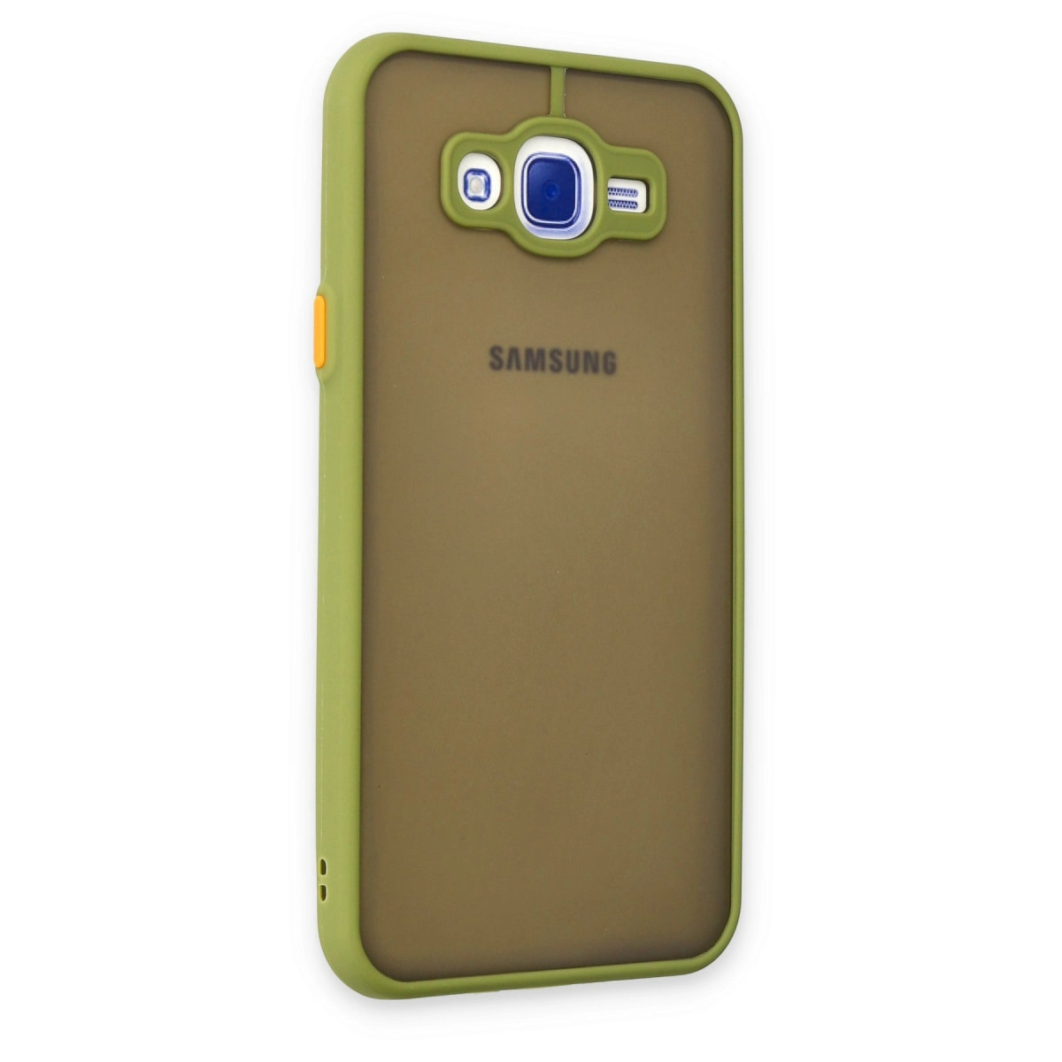 Kameralar için kesikleri olan zeytin yeşili Samsung telefon kılıfının arkası.