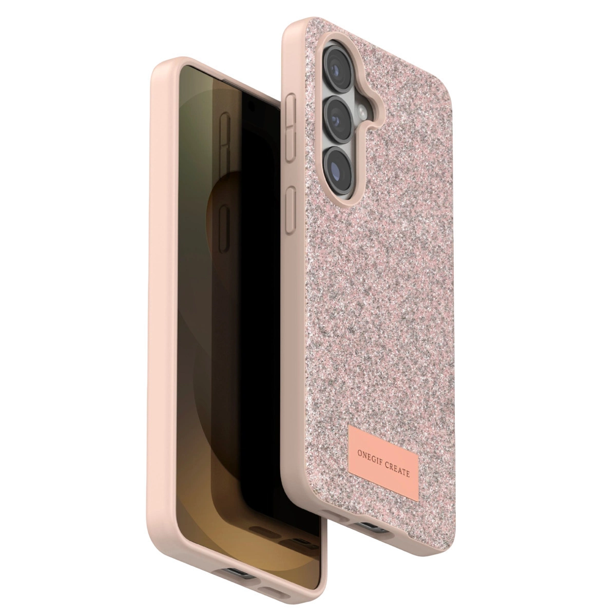 Üç lensli kameraya sahip, simli kılıflı pembe bir telefon.