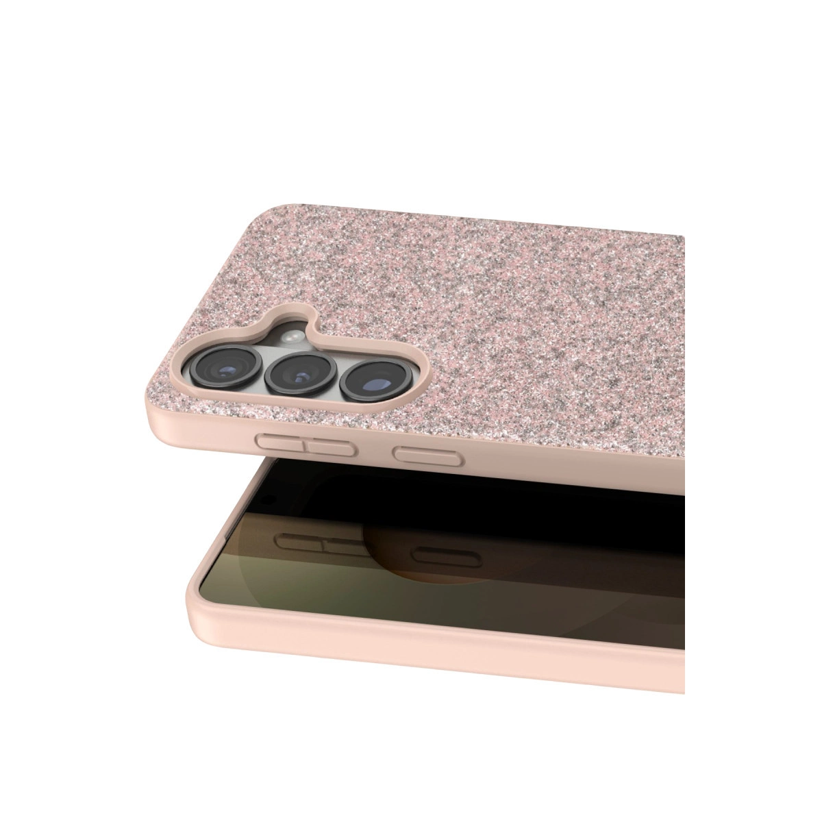 Akıllı telefonun üzerinde pembe simli bir telefon kılıfı.