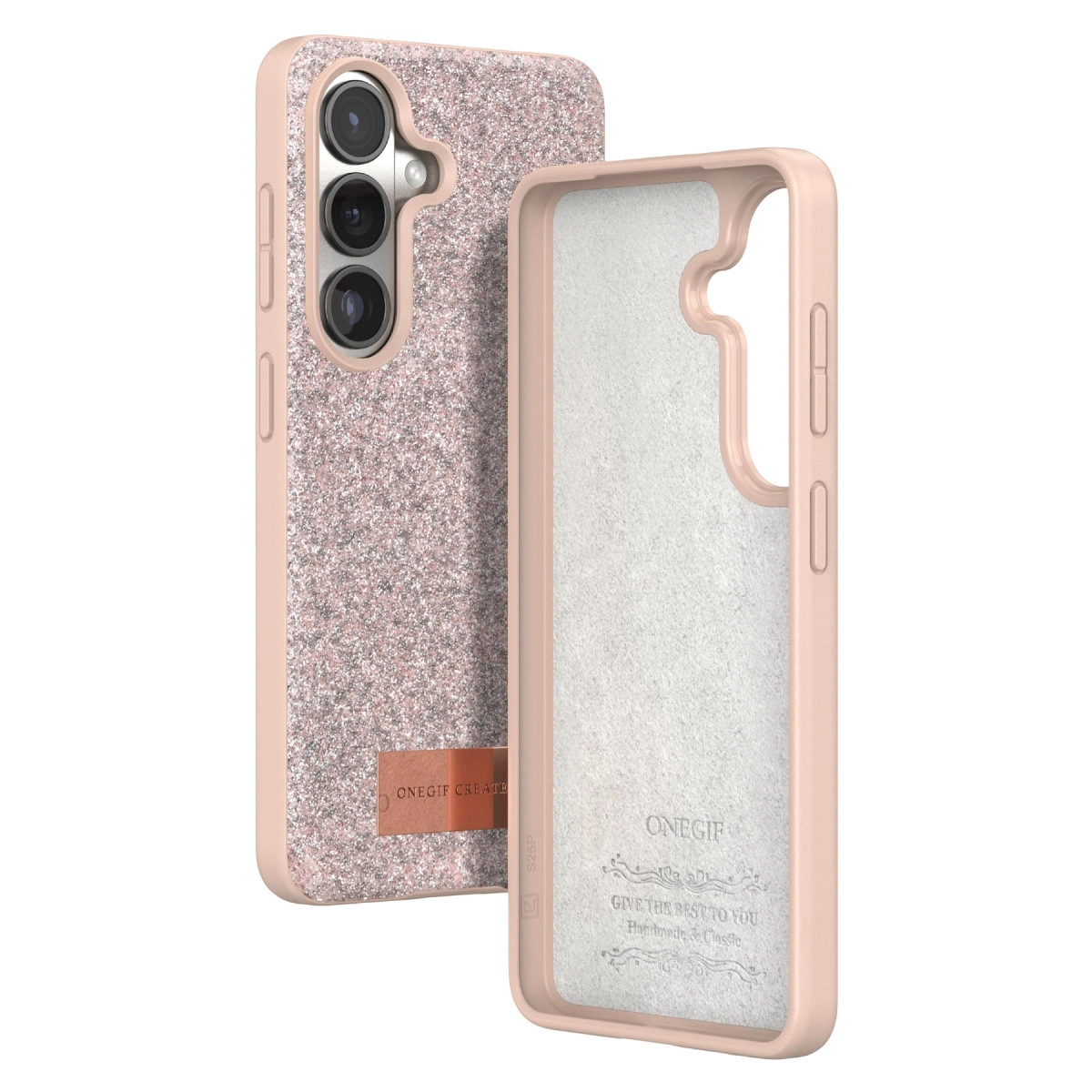 Pembe simli telefon kılıfı ve yanında boş bir çerçeve.