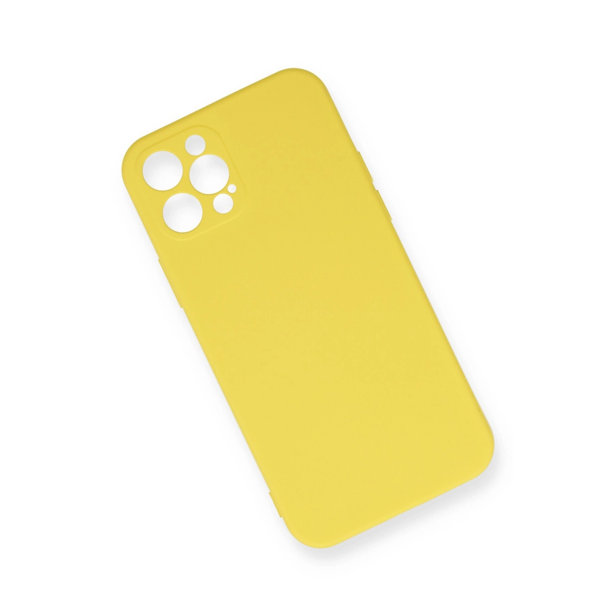 Beyaz arka plan üzerinde kamera kesikleri olan sarı telefon kılıfı.
