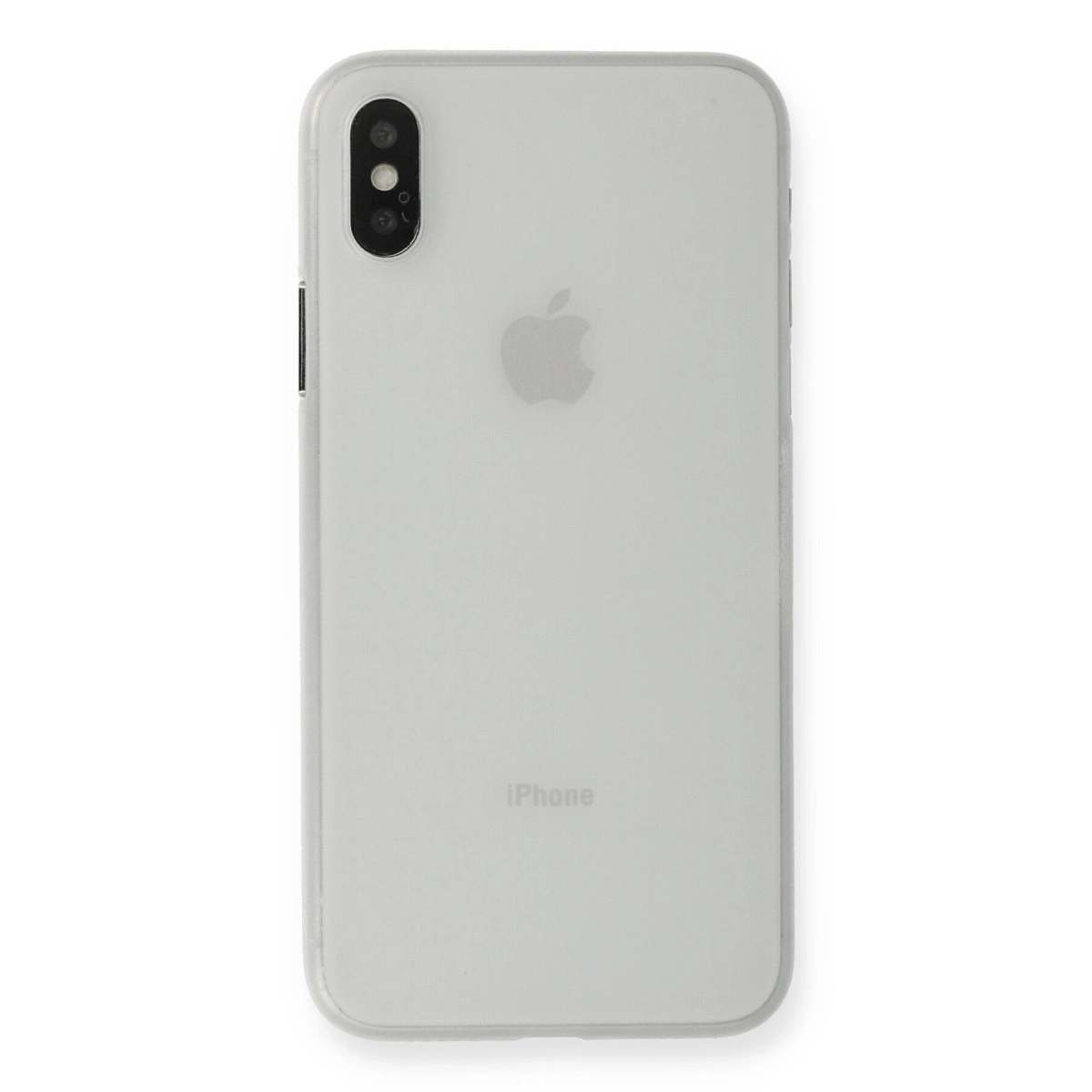 Apple logosu ve yazısı bulunan şeffaf iPhone kılıfı.