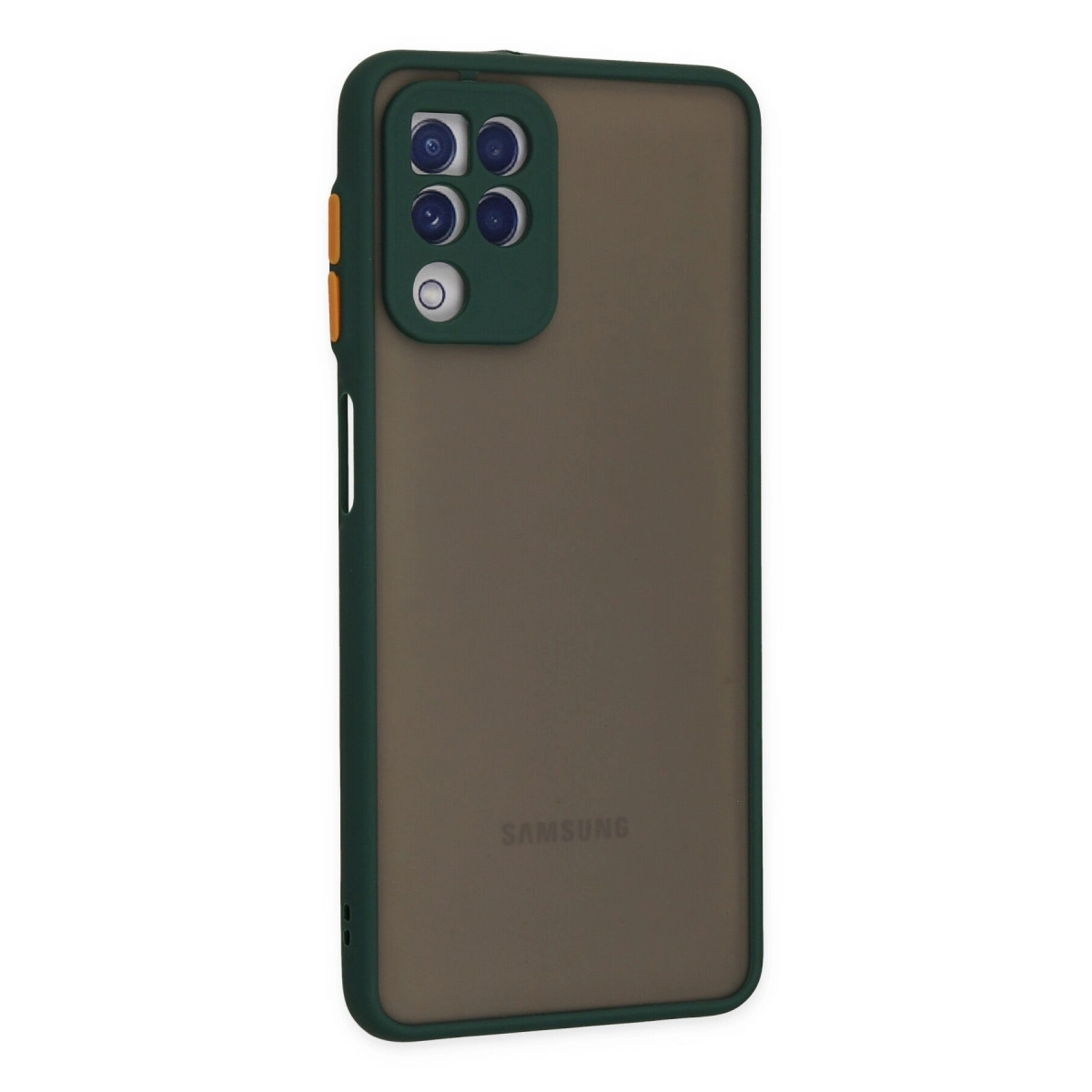 Dumanlı arka ve kamera adası olan koyu yeşil telefon kılıfı.