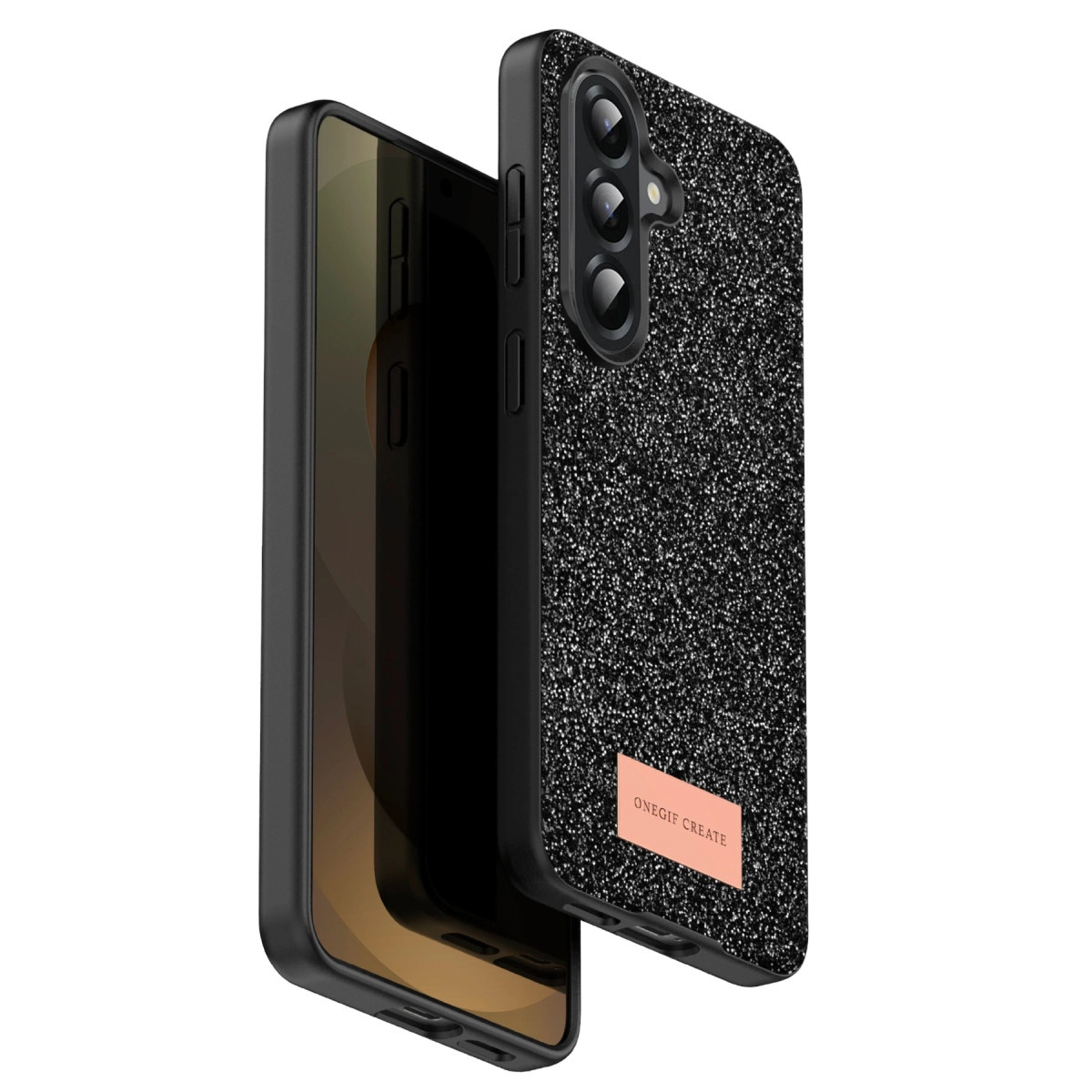 Üç kameralı siyah simli telefon kılıfı. Rose gold etiket.
