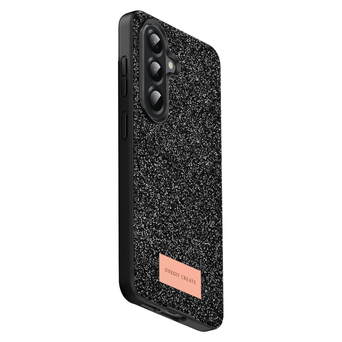 Üç kamera lensli siyah simli telefon kılıfı.