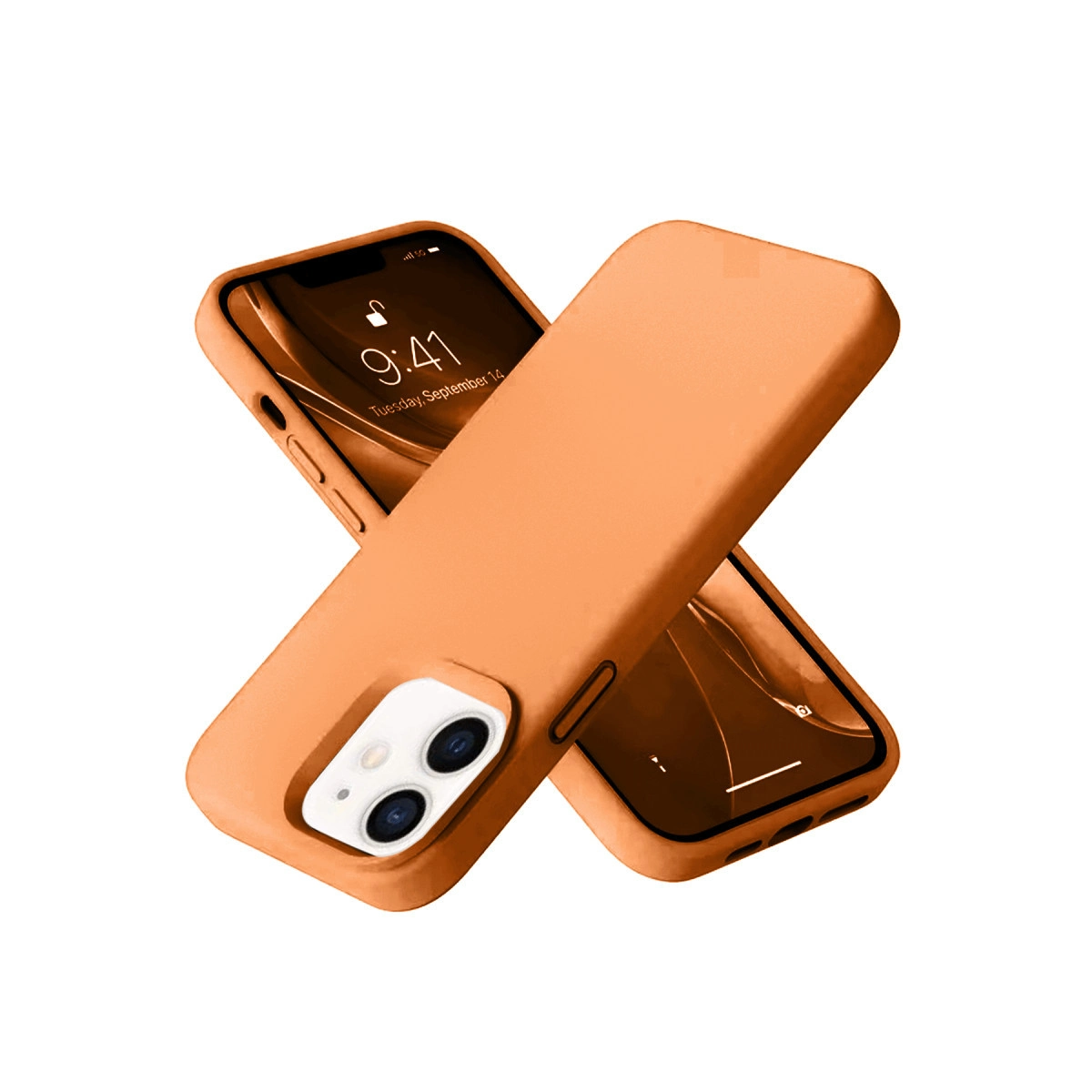 Boş ekranlı ve kamera modüllü turuncu bir iPhone.
