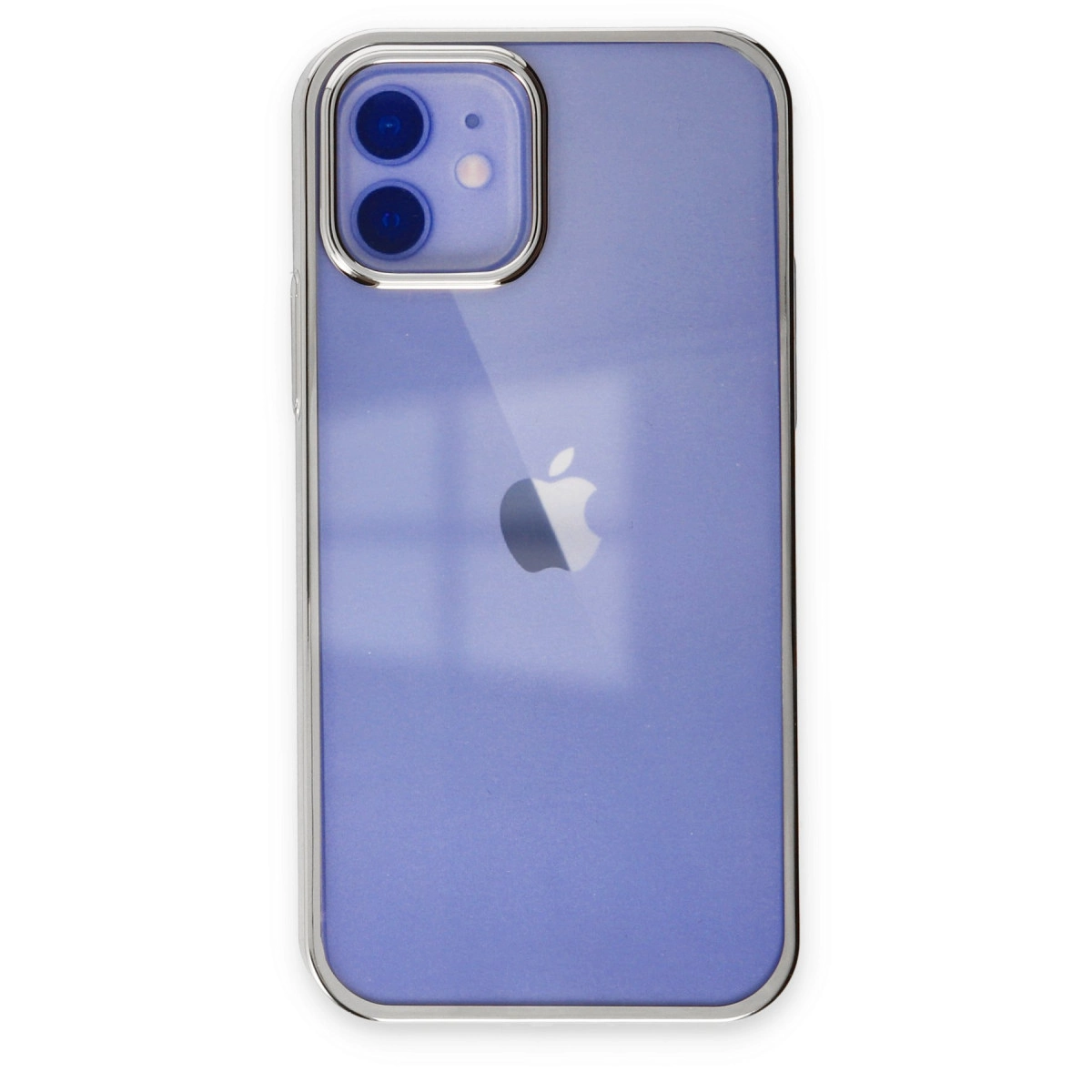 Gümüş çerçeveli ve çift arka kameralı mor iPhone.
