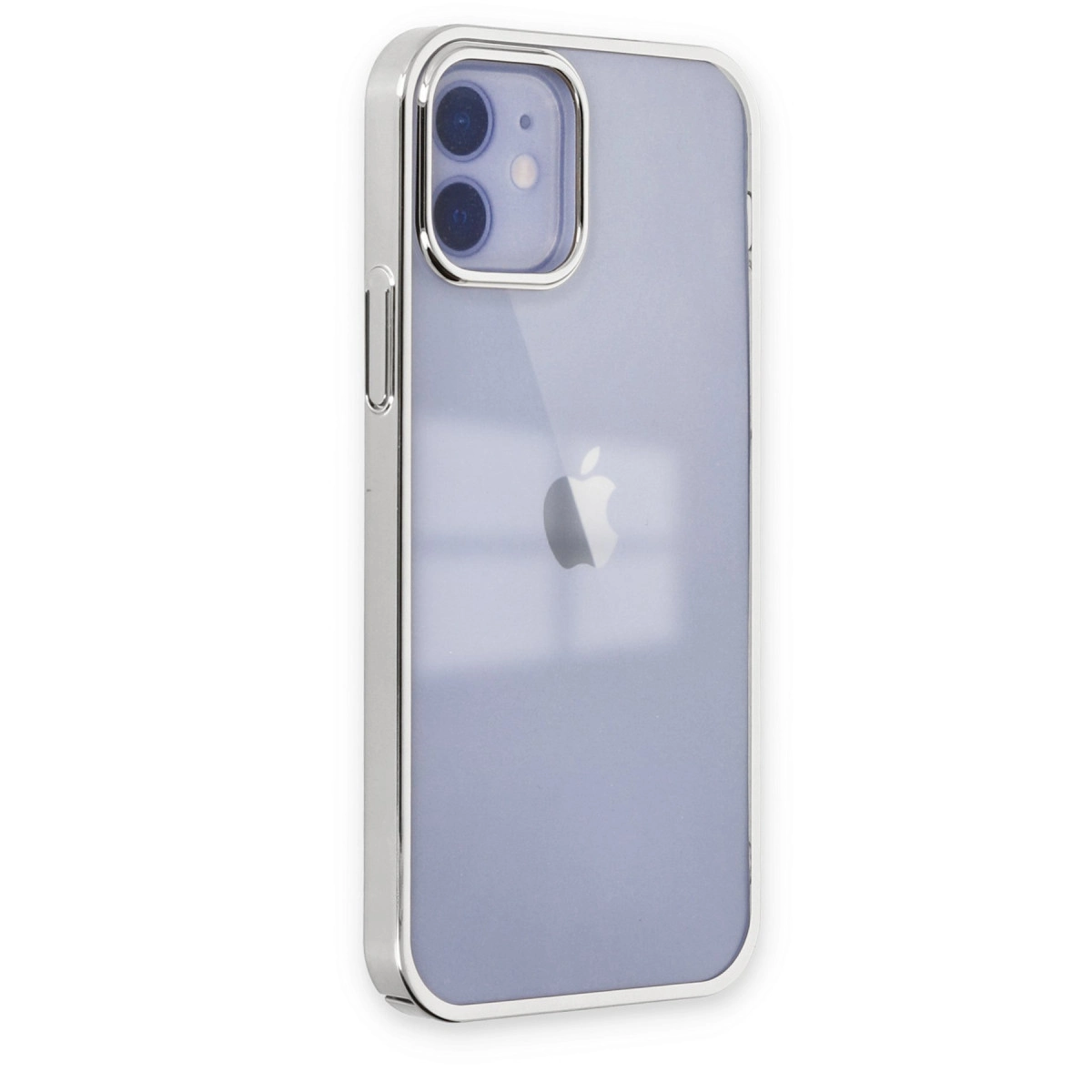 Gümüş çerçeveli ve kameralı mor iPhone, beyaz arka plan üzerinde.