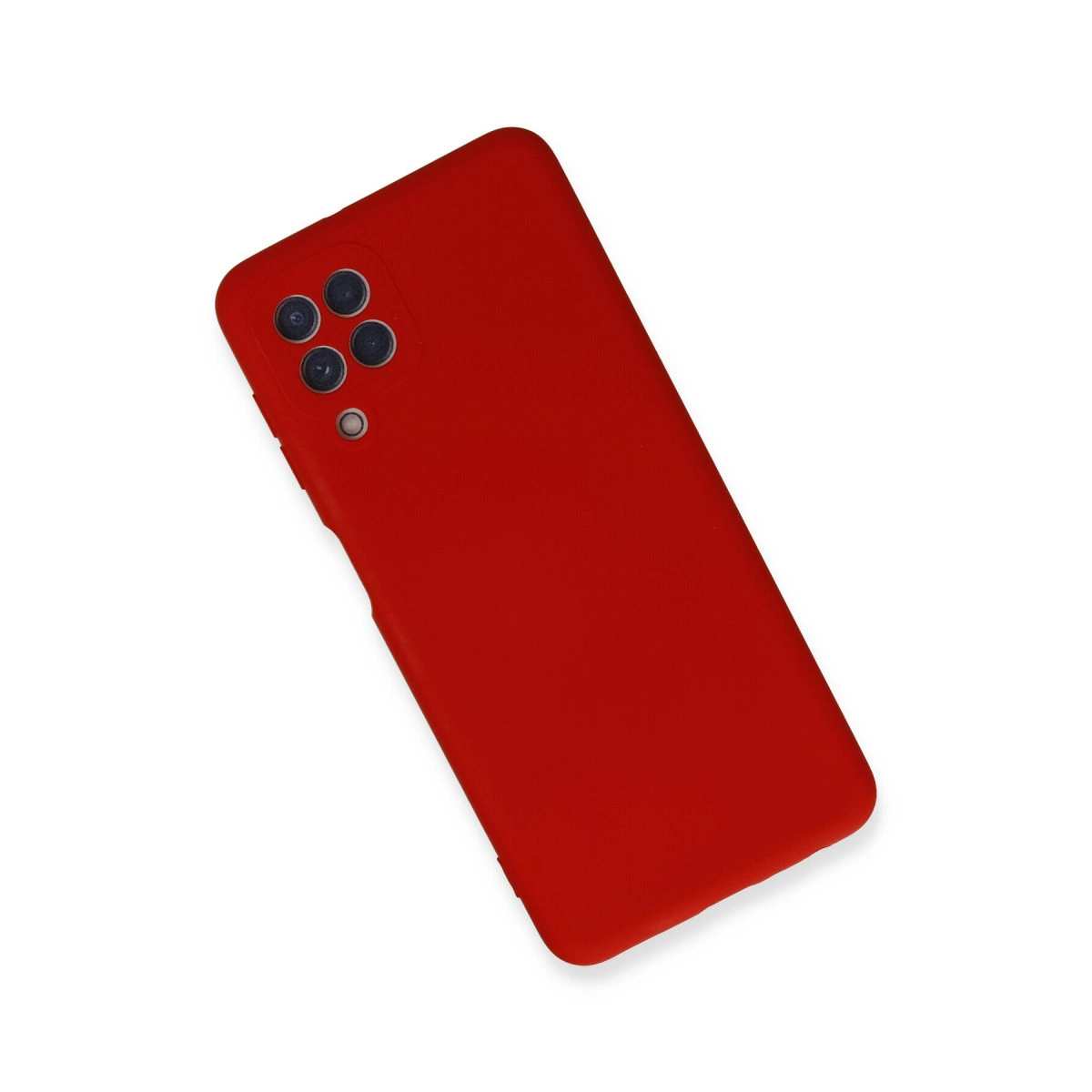 Beyaz arka plan üzerinde dört kamera ve flaşlı kırmızı telefon kılıfı.