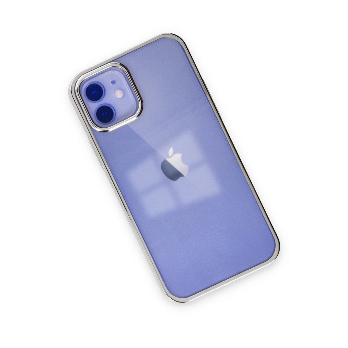 Gümüş çerçeveli ve iki kameralı mor iPhone, beyaz zeminde.