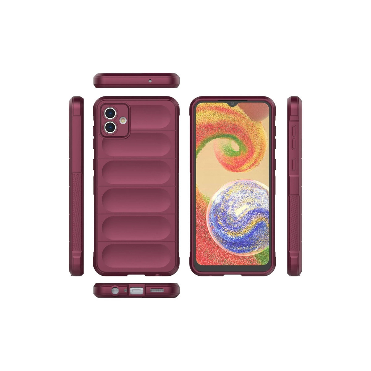 Bordo rengi telefon kılıfı çeşitli açılardan beyaz zeminde gösteriliyor.
