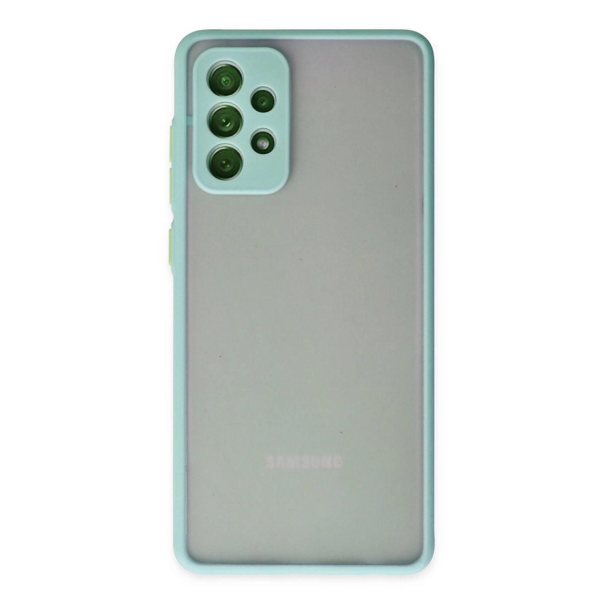 Açık yeşil kenarlı ve kamera modüllü şeffaf telefon kılıfının arkası.