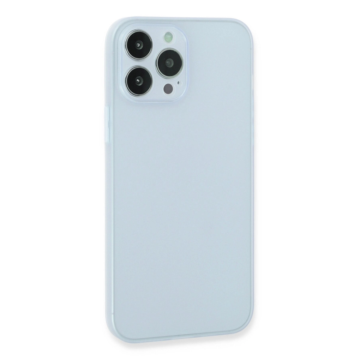 Üçlü kamera sistemli açık mavi telefon kılıfı.