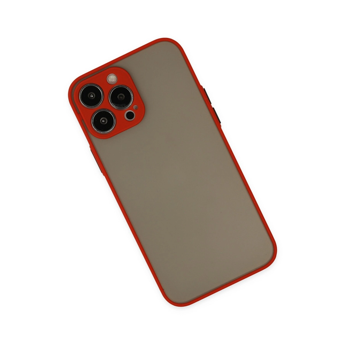 Kırmızı çerçeveli, gri telefon kılıfı ve lens.
