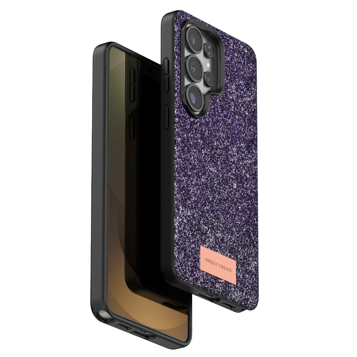 Kamera sistemi ve logolu mor simli telefon kılıfı.