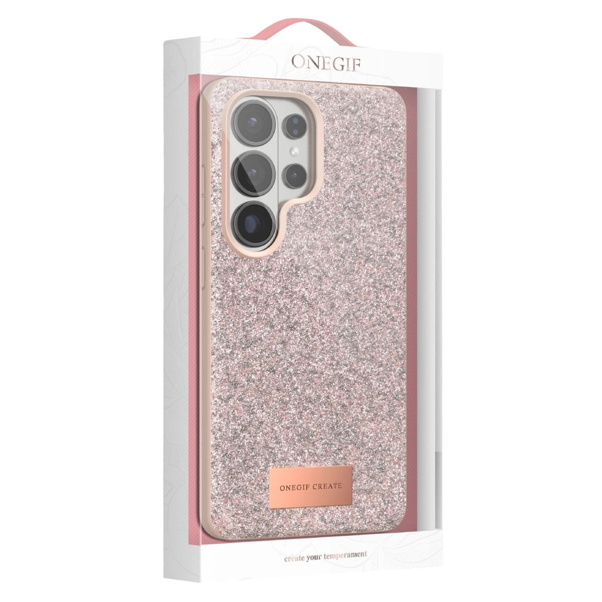 Rose altın simli telefon kılıfı, kamera kesimi ve logo plakası.