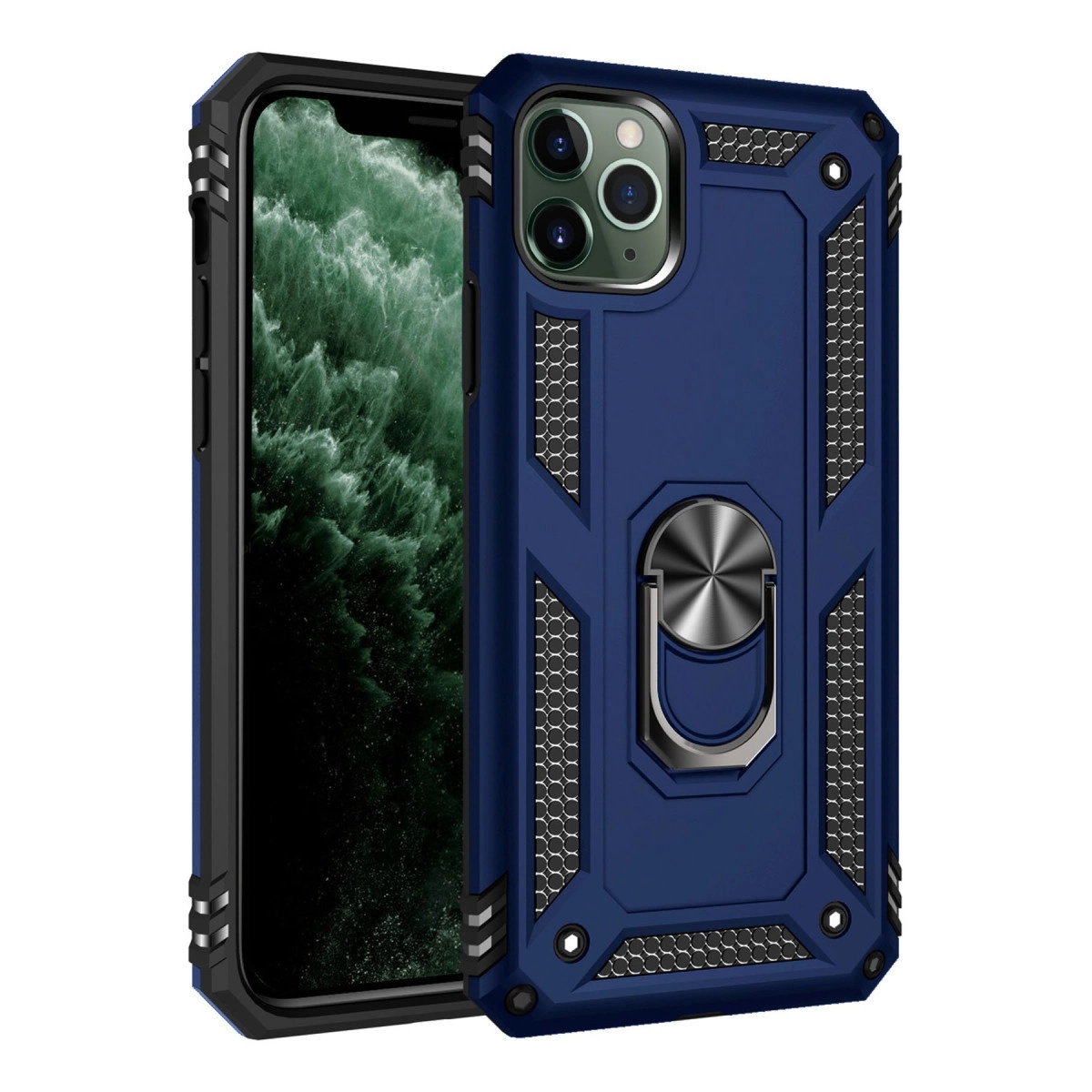 Halka tutuculu ve kamera açıklıklı mavi telefon kılıfı.
