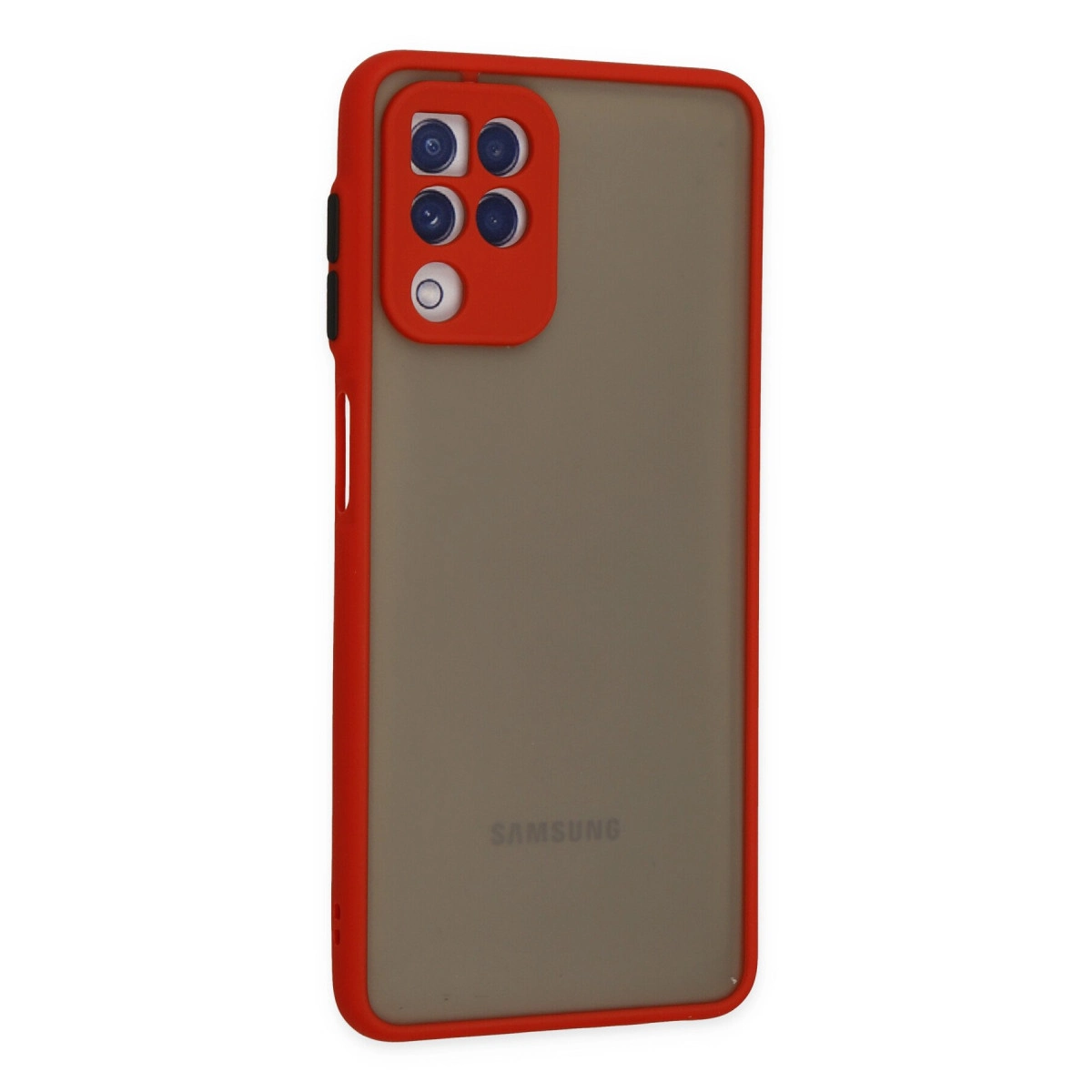Kameramodüllü, buzlu cam arka yüzlü kırmızı telefon kılıfı.