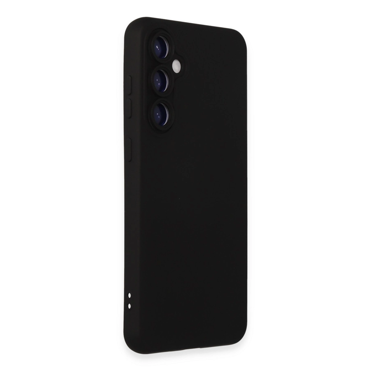 Arkada üç kamera lensi ve flaşa sahip siyah telefon kılıfı.