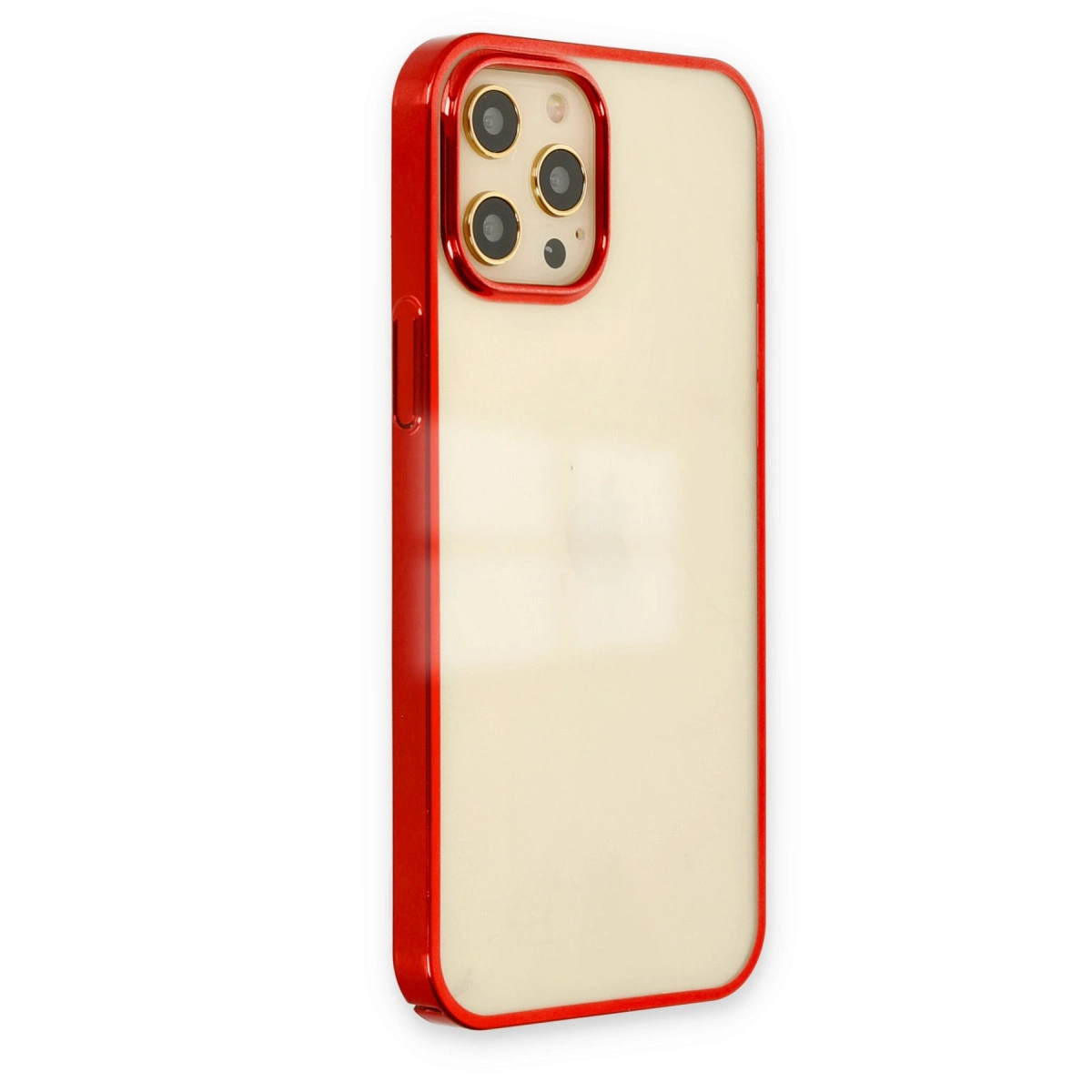 Kırmızı kenarlı ve kamera modüllü şeffaf telefon kılıfı.