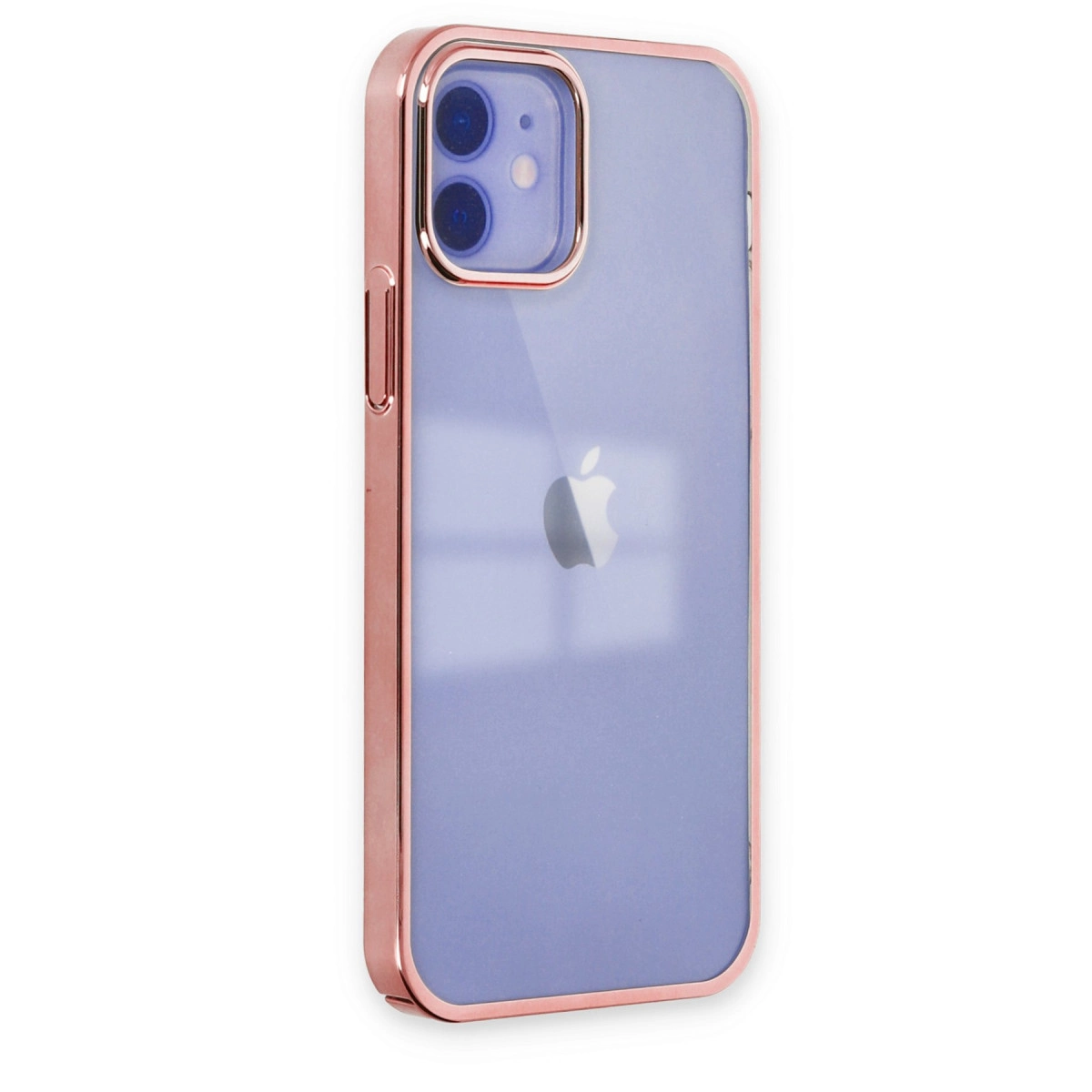 Arkada Apple logosu bulunan, gül altın rengi çerçeveli mor iPhone.