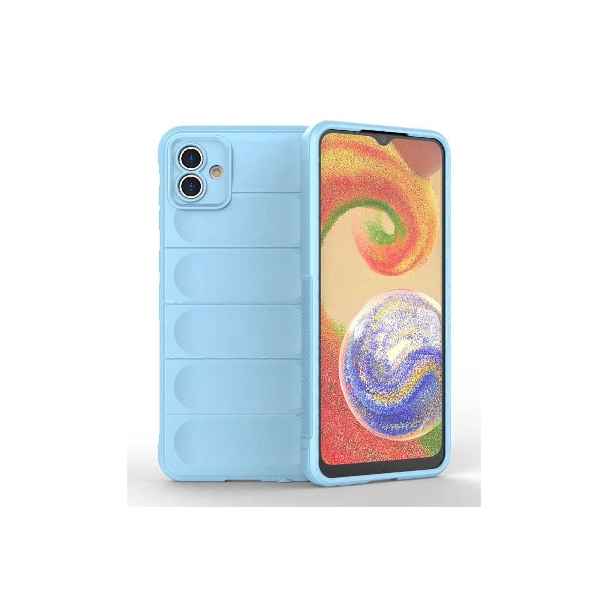 Yatay oluklu açık mavi telefon kılıfı ve akıllı telefon ekranı.