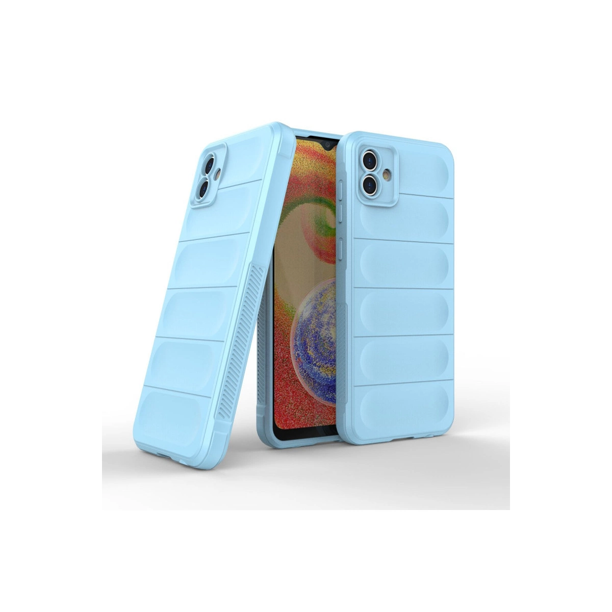 Kanallı desene sahip iki açık mavi telefon kılıfı, biri telefonda.
