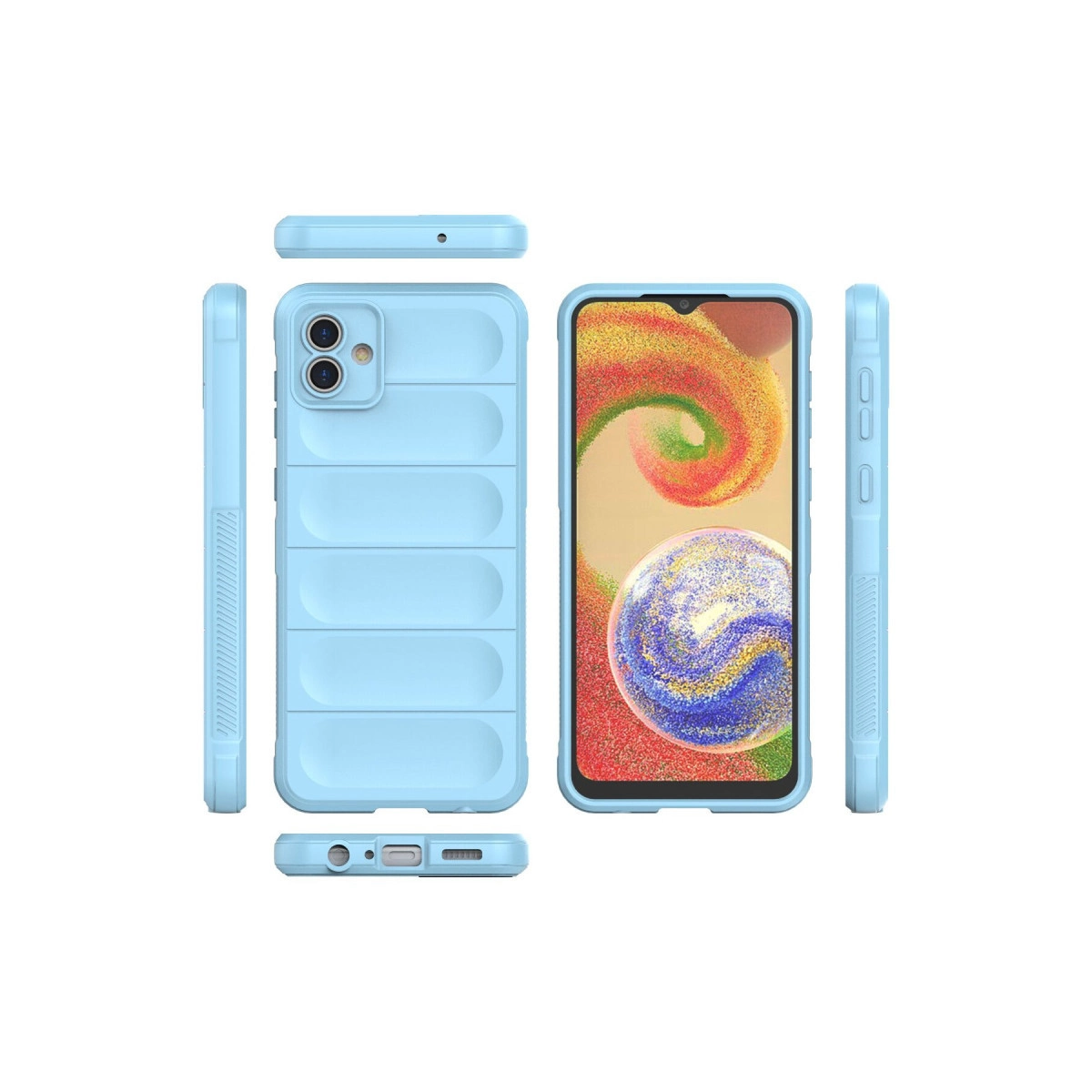 Açık mavi telefon kılıfı, içinde telefonla çeşitli açılardan gösteriliyor.