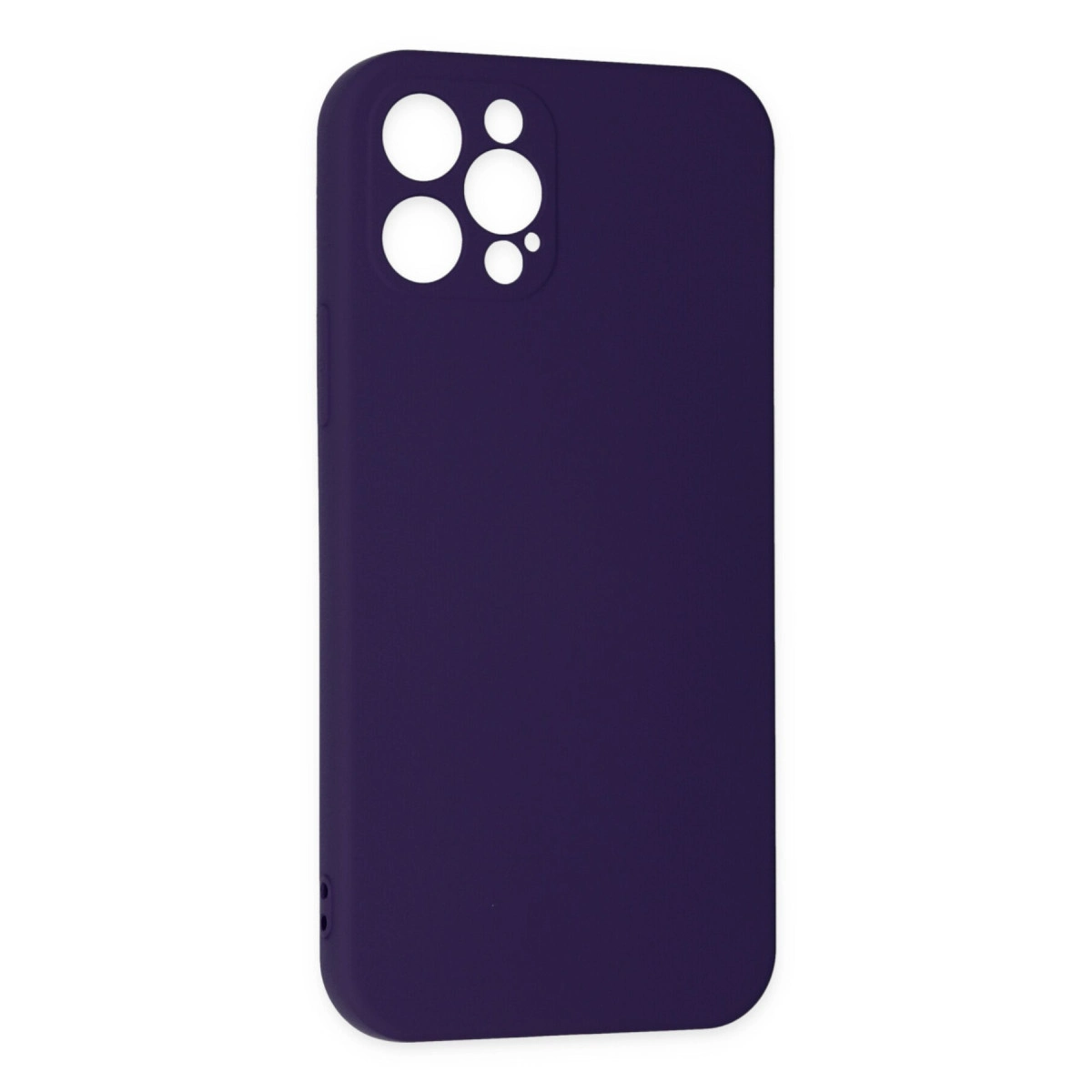 Dört kamera lensi için kesikli koyu mor telefon kılıfı.
