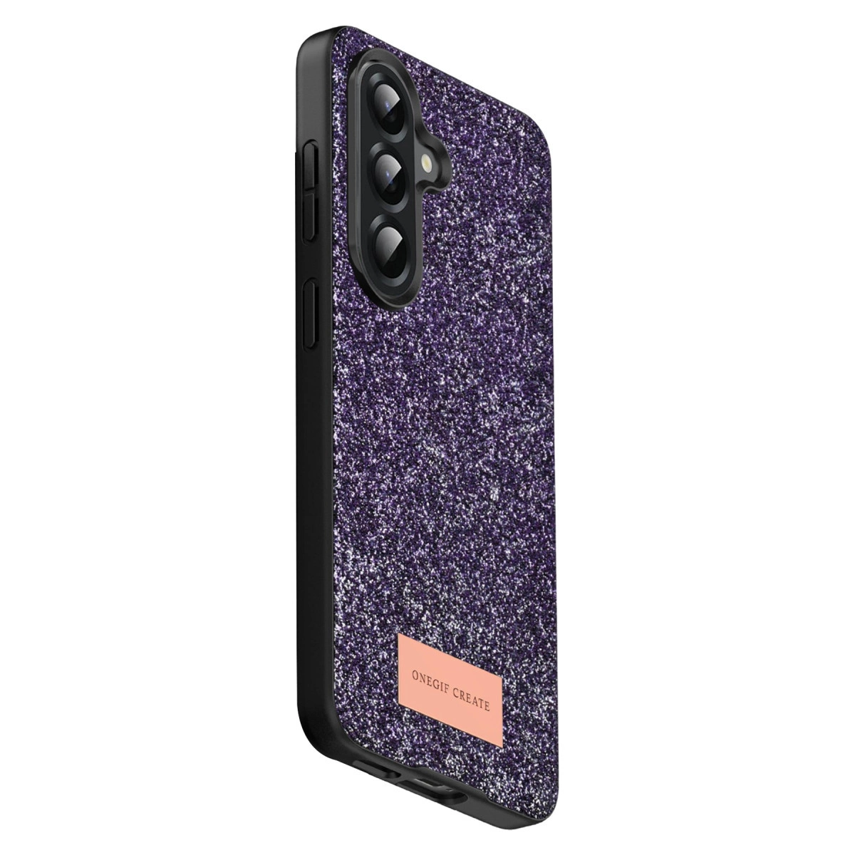 Siyah kenarlı mor simli telefon kılıfı ve kamera kesiği.