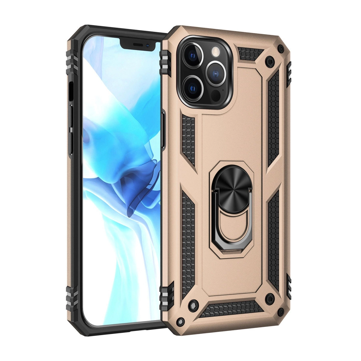 Halka tutuculu ve üçlü kameraya sahip altın rengi iPhone koruyucu kılıfı.