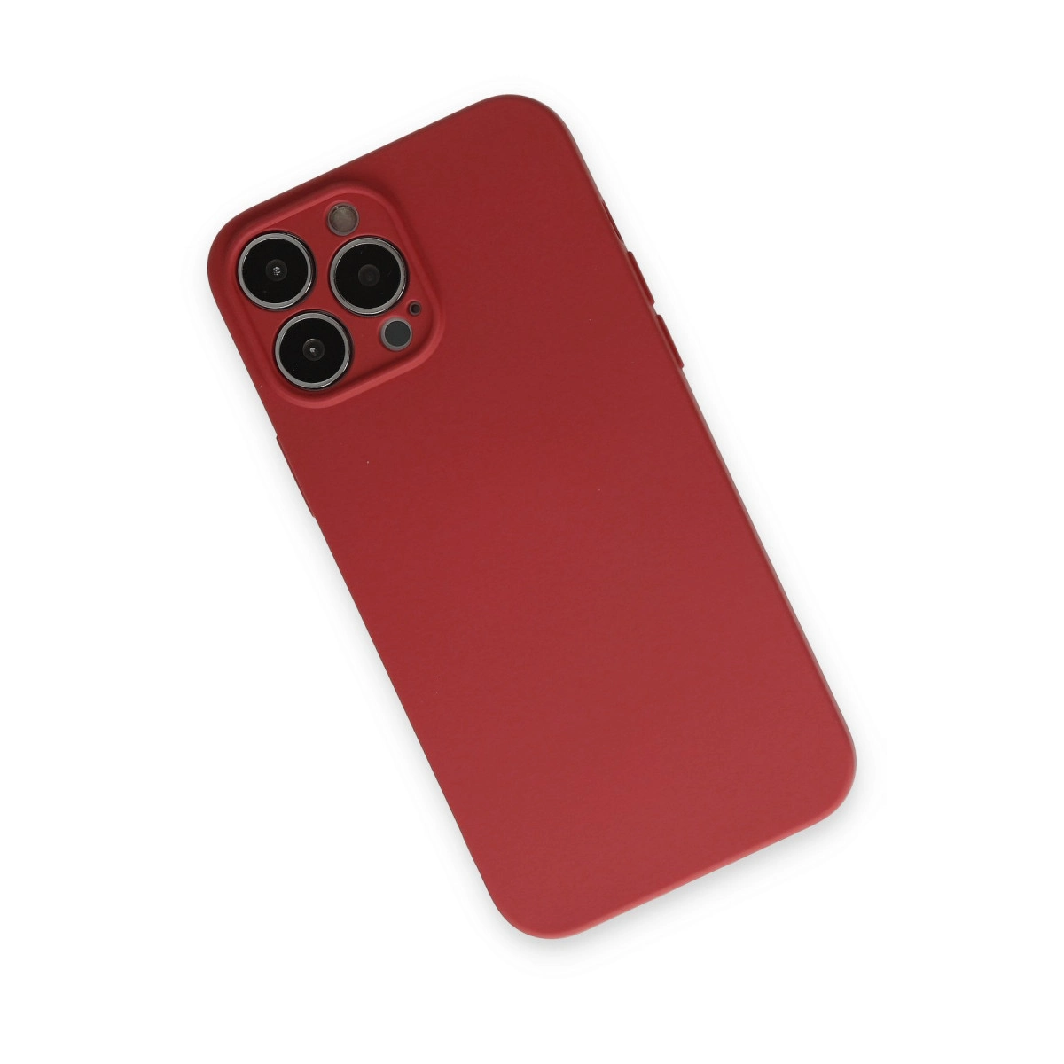 Beyaz arka plan üzerinde kamera lens dizilimine sahip kırmızı telefon kılıfı.