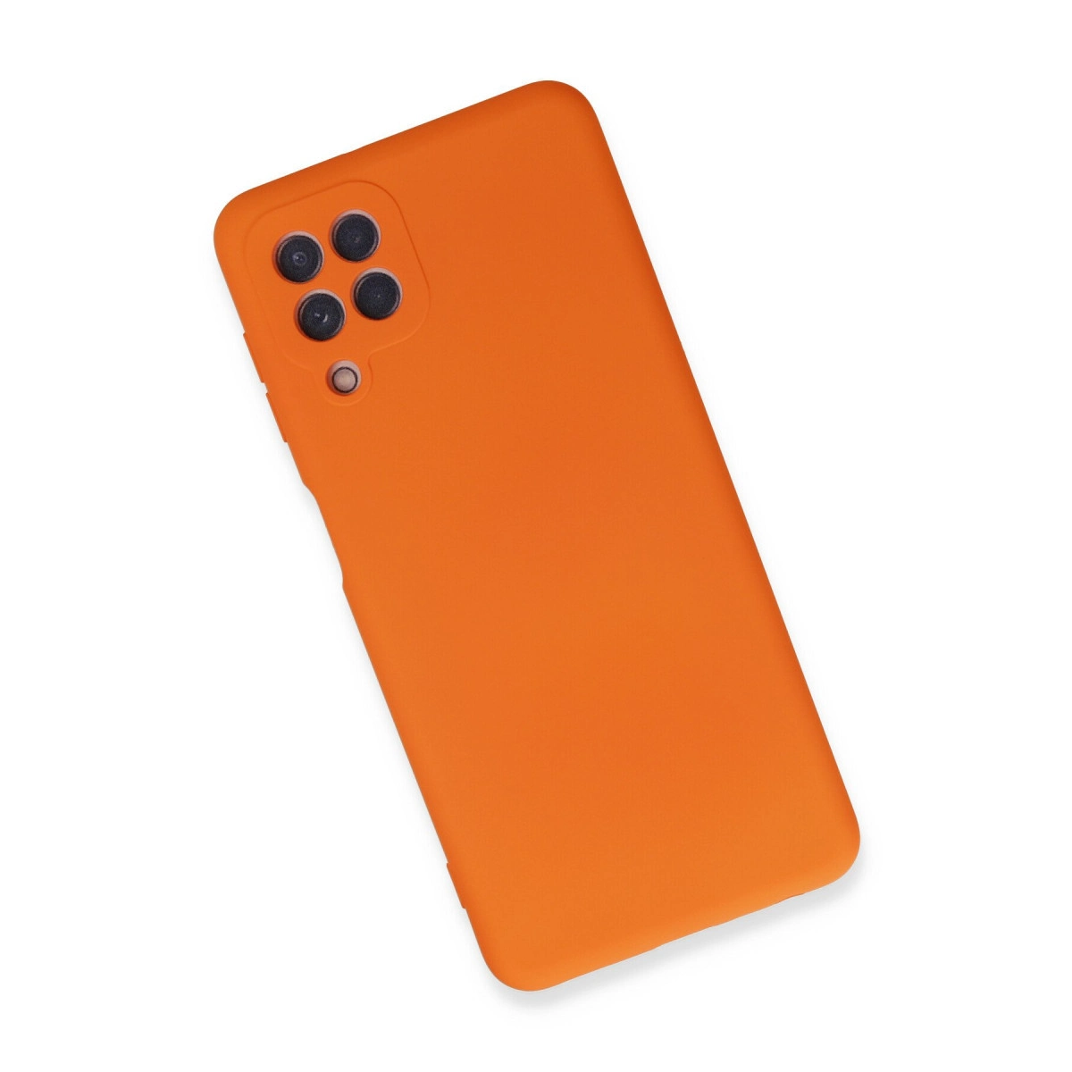 Arkada dört kamera lensi bulunan turuncu bir telefon kılıfı.